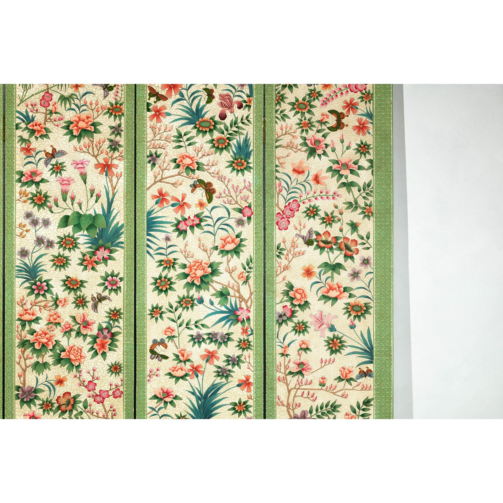 Hand-Painted Floral Screen with Butterflies, Vintage Four-Panel Divider