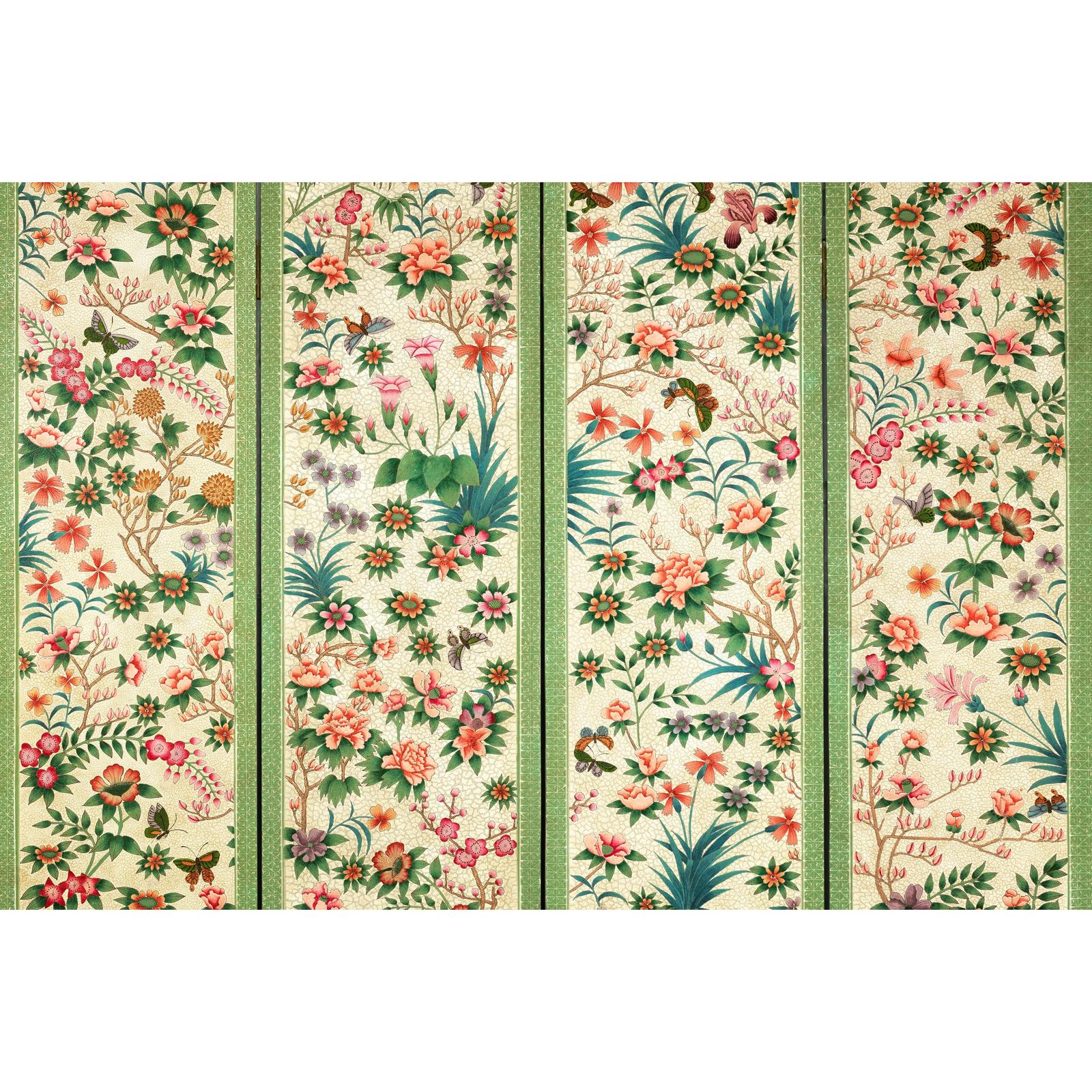 Hand-Painted Floral Screen with Butterflies, Vintage Four-Panel Divider