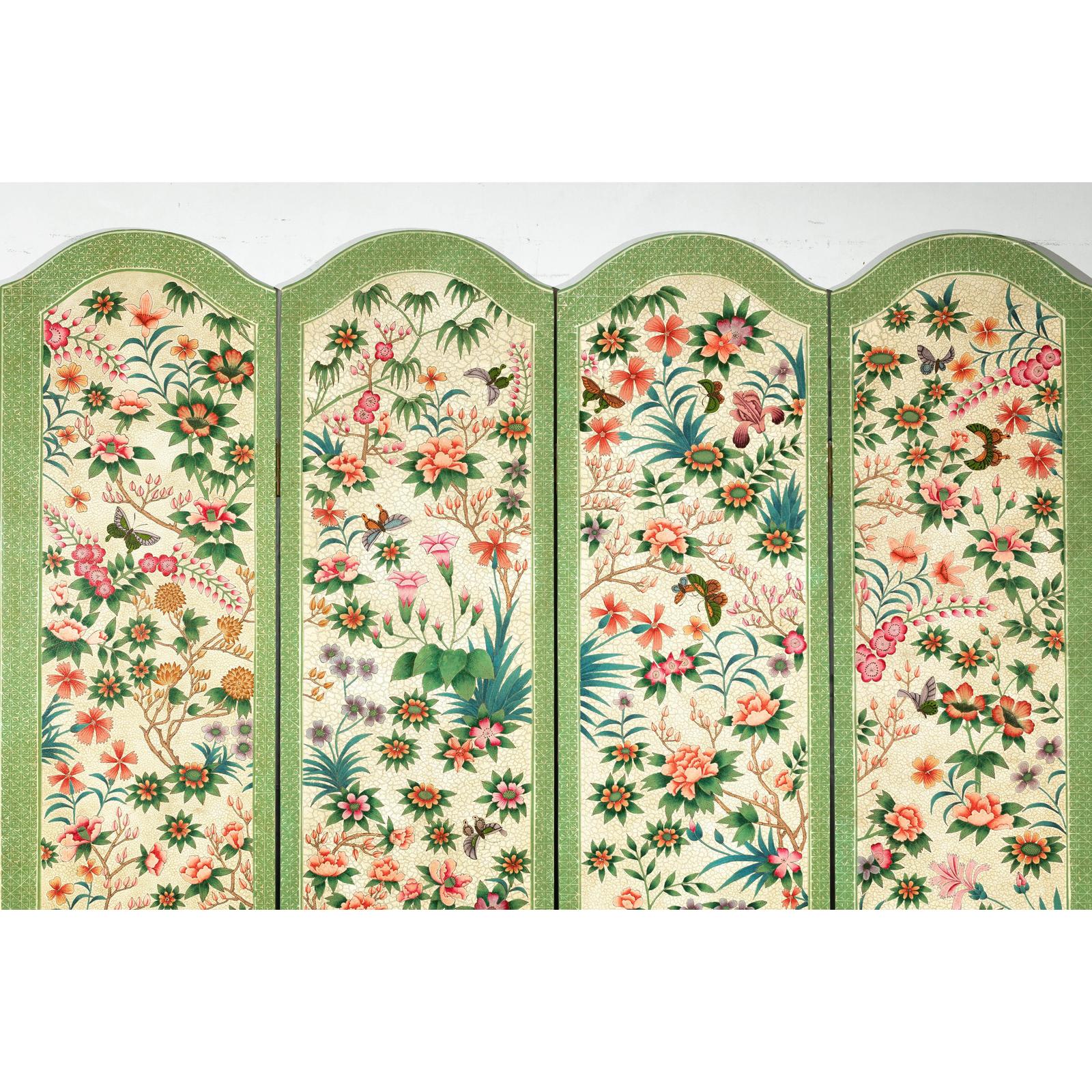Hand-Painted Floral Screen with Butterflies, Vintage Four-Panel Divider