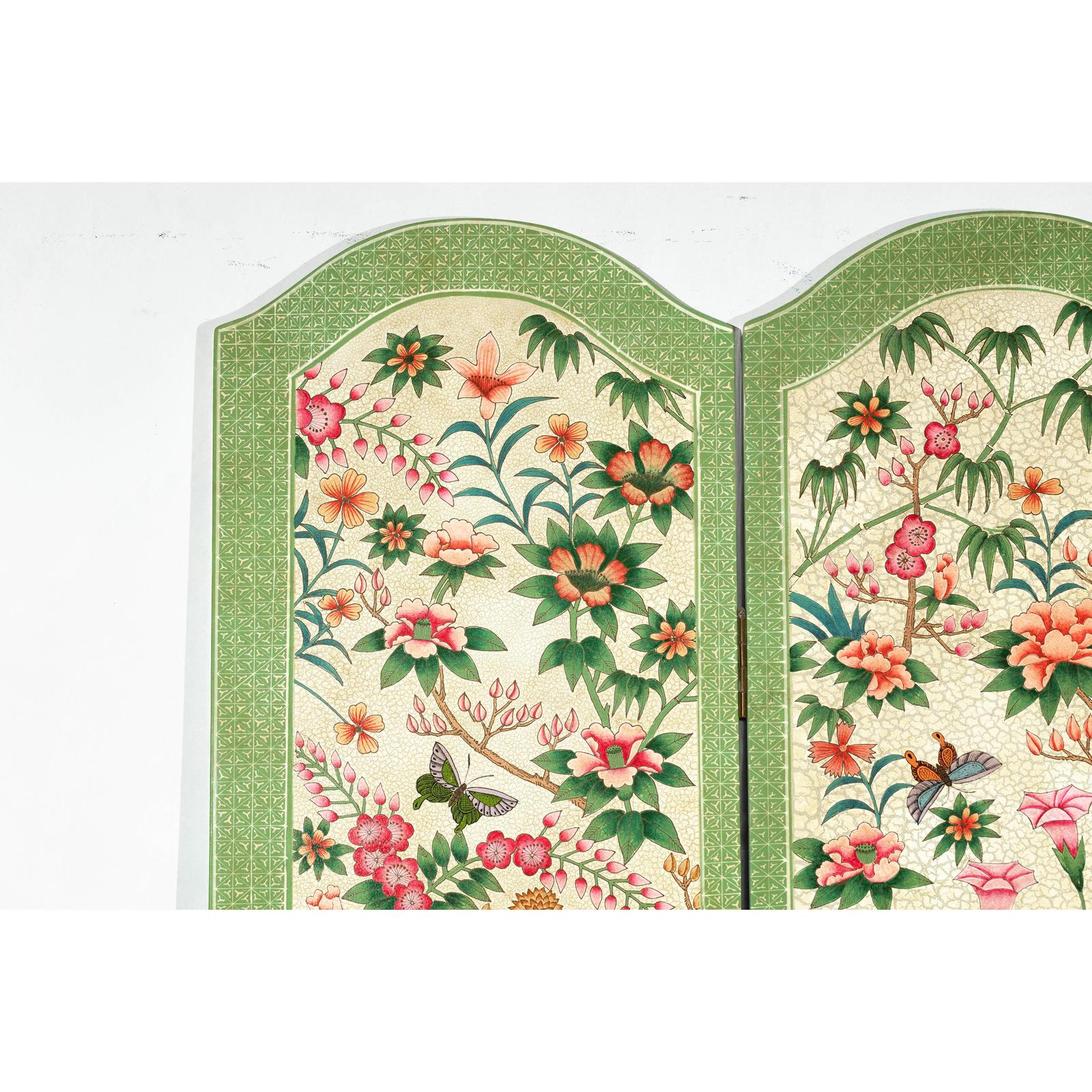 Hand-Painted Floral Screen with Butterflies, Vintage Four-Panel Divider