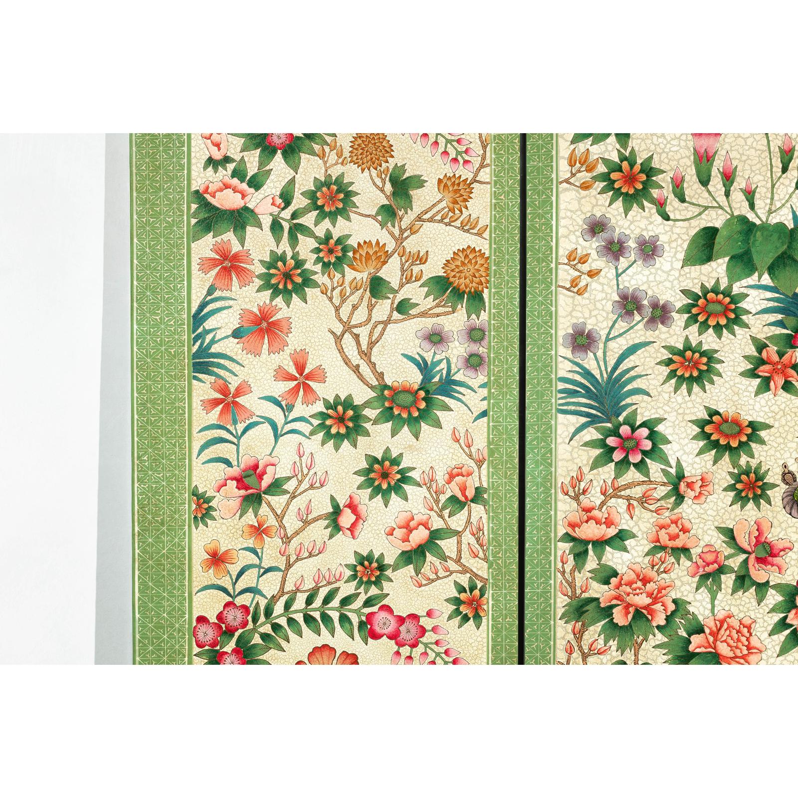 Hand-Painted Floral Screen with Butterflies, Vintage Four-Panel Divider