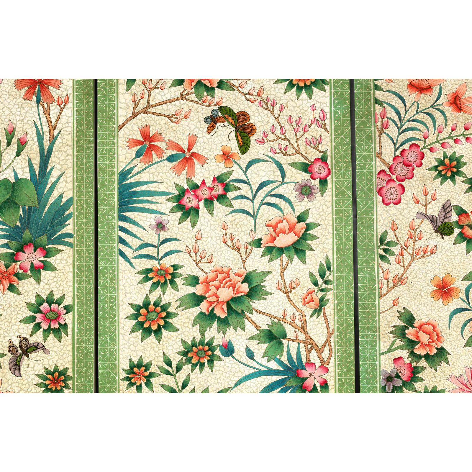 Hand-Painted Floral Screen with Butterflies, Vintage Four-Panel Divider