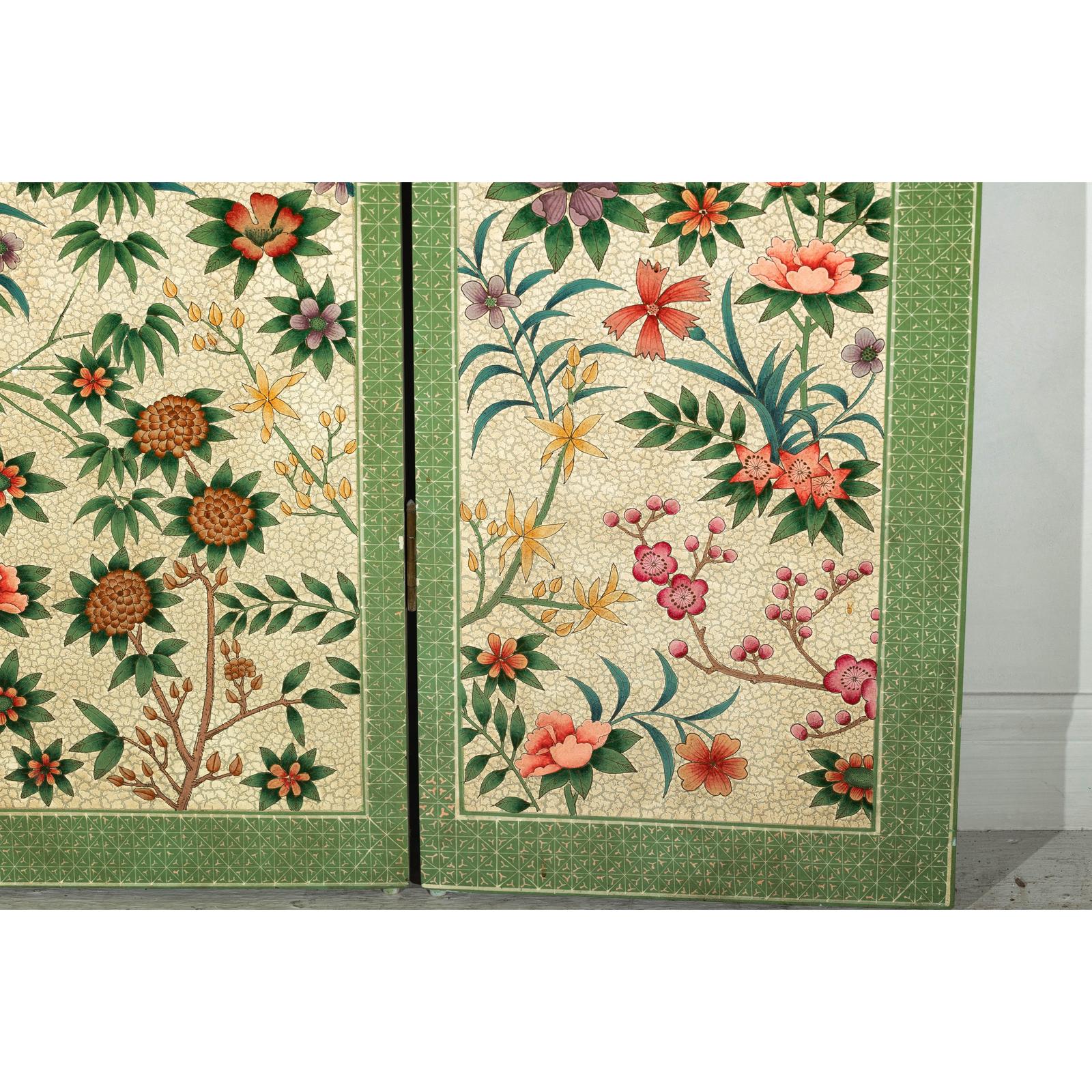 Hand-Painted Floral Screen with Butterflies, Vintage Four-Panel Divider