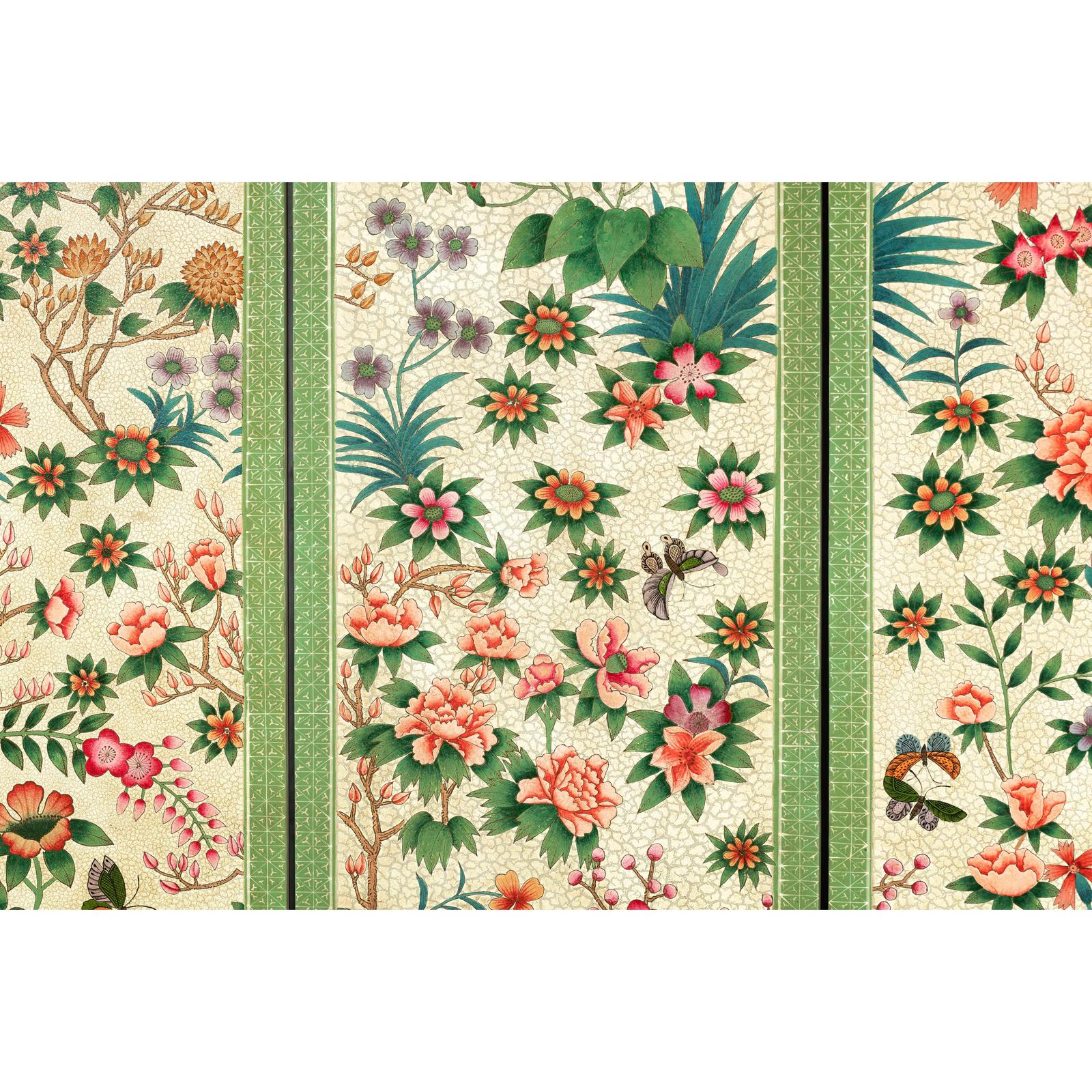 Hand-Painted Floral Screen with Butterflies, Vintage Four-Panel Divider