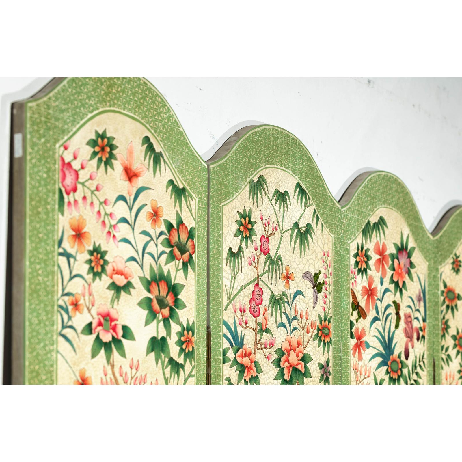 Hand-Painted Floral Screen with Butterflies, Vintage Four-Panel Divider