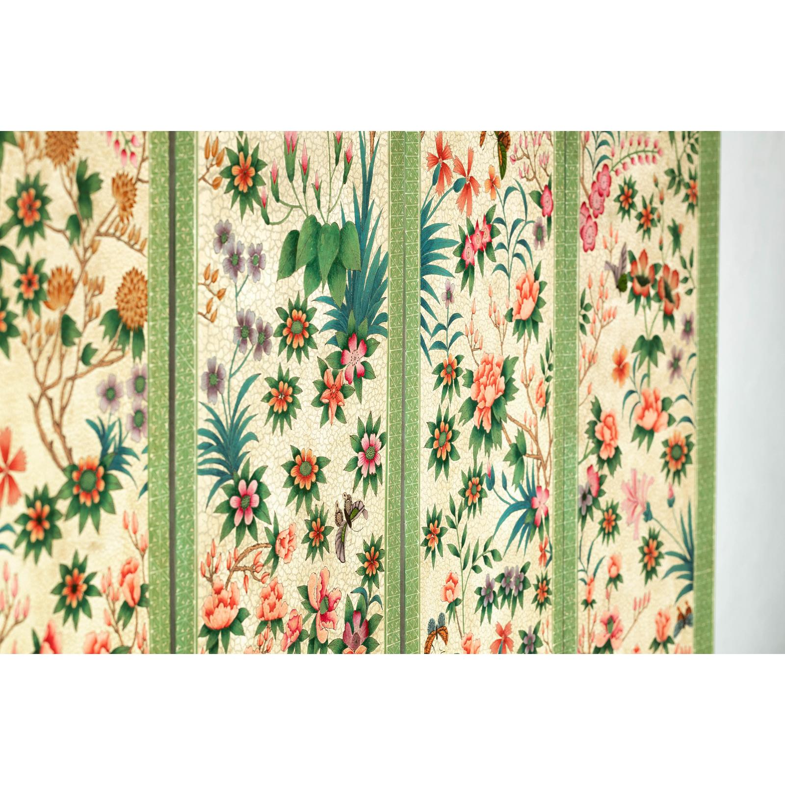 Hand-Painted Floral Screen with Butterflies, Vintage Four-Panel Divider