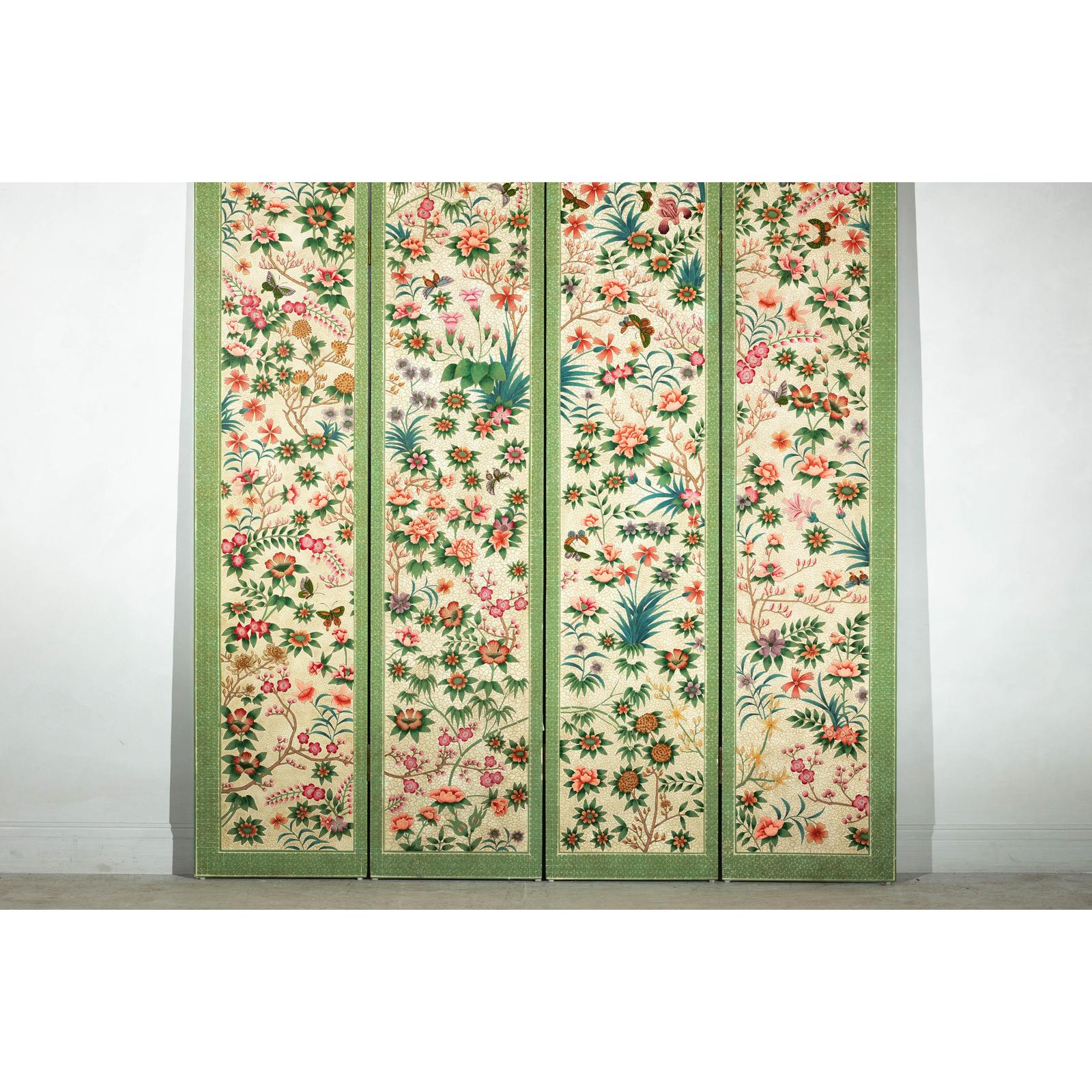 Hand-Painted Floral Screen with Butterflies, Vintage Four-Panel Divider
