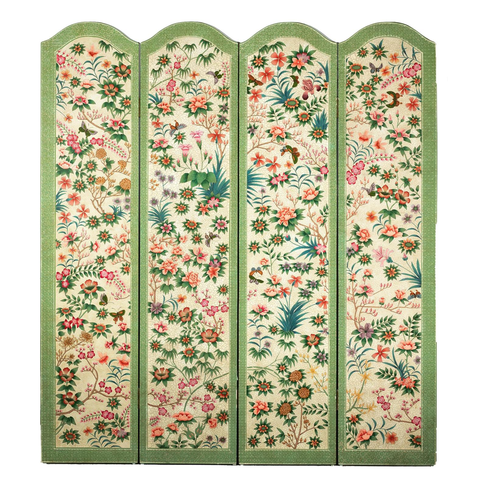 Hand-Painted Floral Screen with Butterflies, Vintage Four-Panel Divider