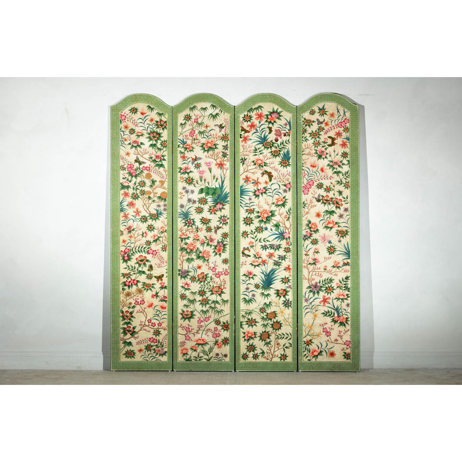 Hand-Painted Floral Screen with Butterflies, Vintage Four-Panel Divider