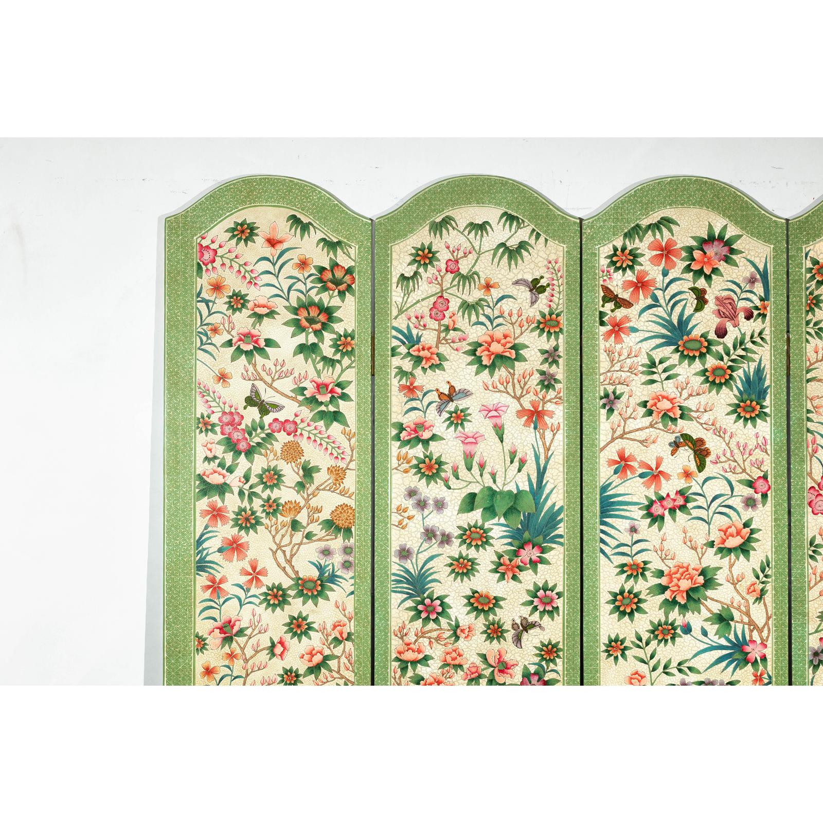 Hand-Painted Floral Screen with Butterflies, Vintage Four-Panel Divider