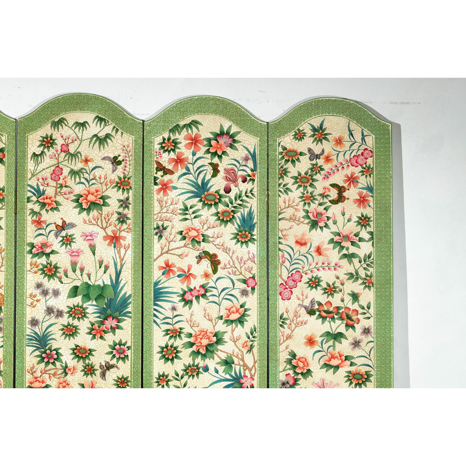 Hand-Painted Floral Screen with Butterflies, Vintage Four-Panel Divider