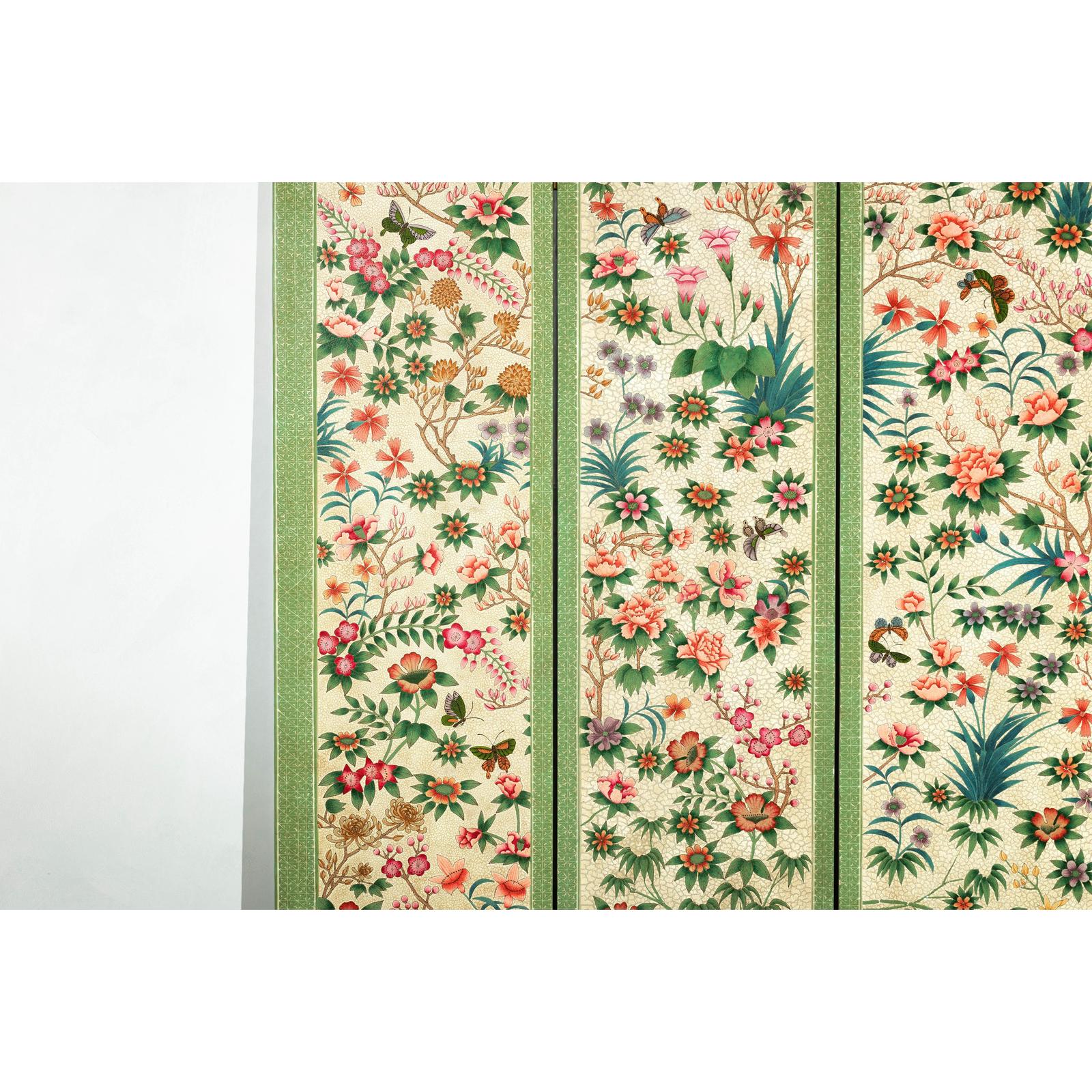 Hand-Painted Floral Screen with Butterflies, Vintage Four-Panel Divider