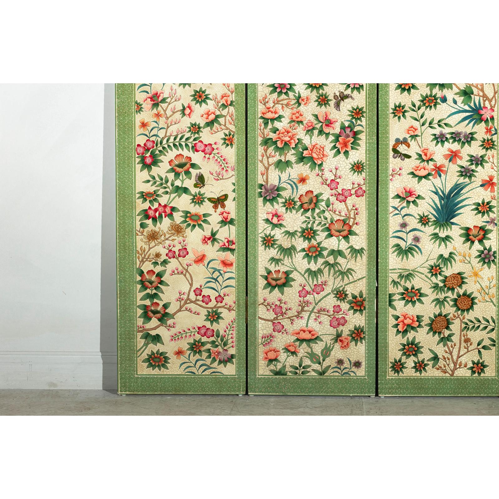 Hand-Painted Floral Screen with Butterflies, Vintage Four-Panel Divider