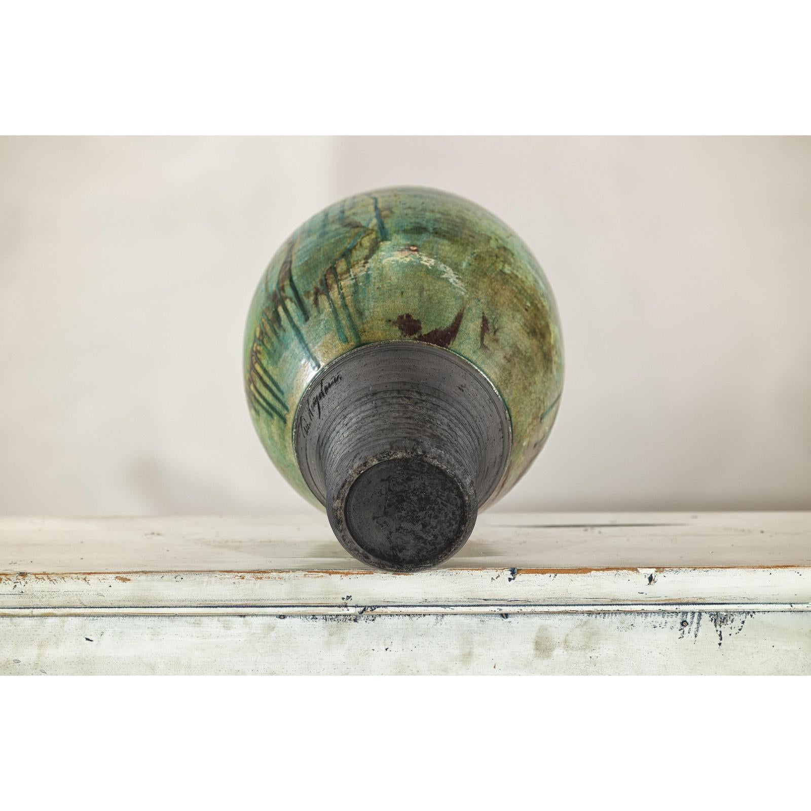 Greenish-Brown Studio Vase with Rounded Belly and Tapered Base, Signed