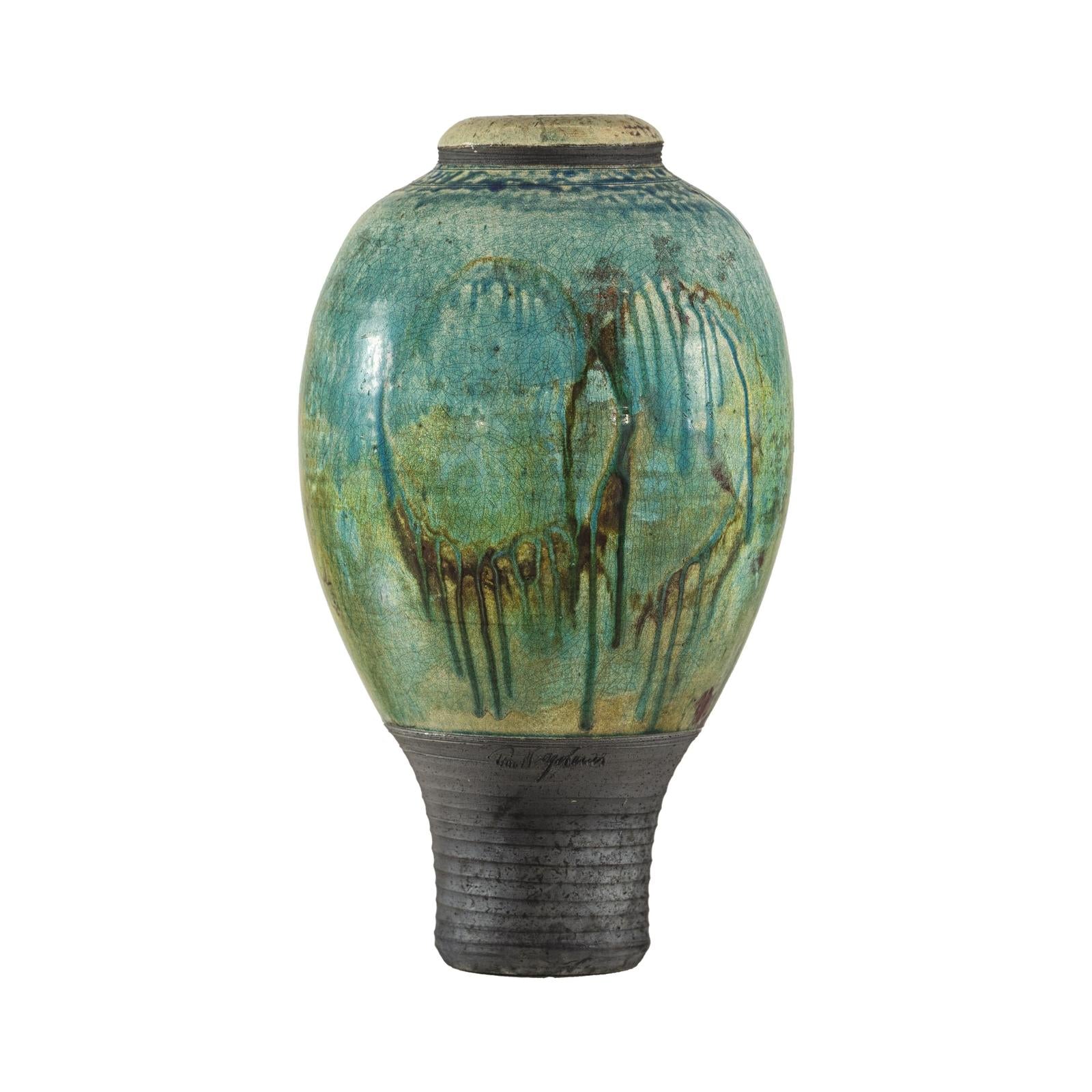 Greenish-Brown Studio Vase with Rounded Belly and Tapered Base, Signed