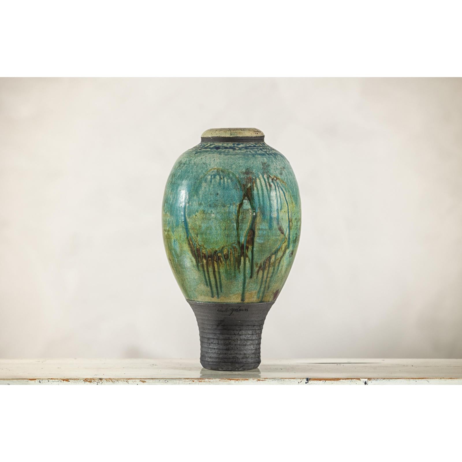 Greenish-Brown Studio Vase with Rounded Belly and Tapered Base, Signed