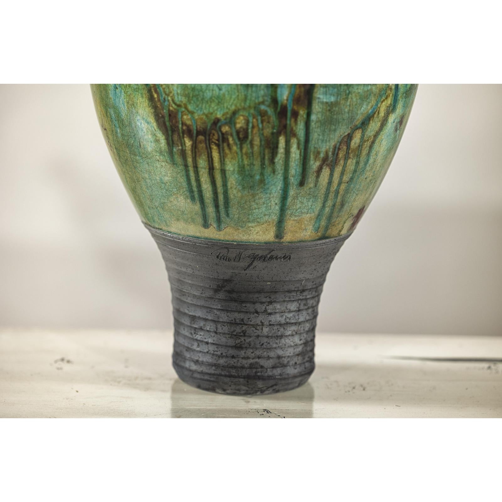 Greenish-Brown Studio Vase with Rounded Belly and Tapered Base, Signed