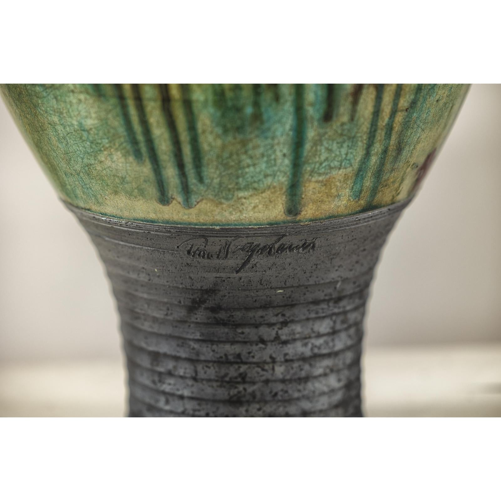 Greenish-Brown Studio Vase with Rounded Belly and Tapered Base, Signed