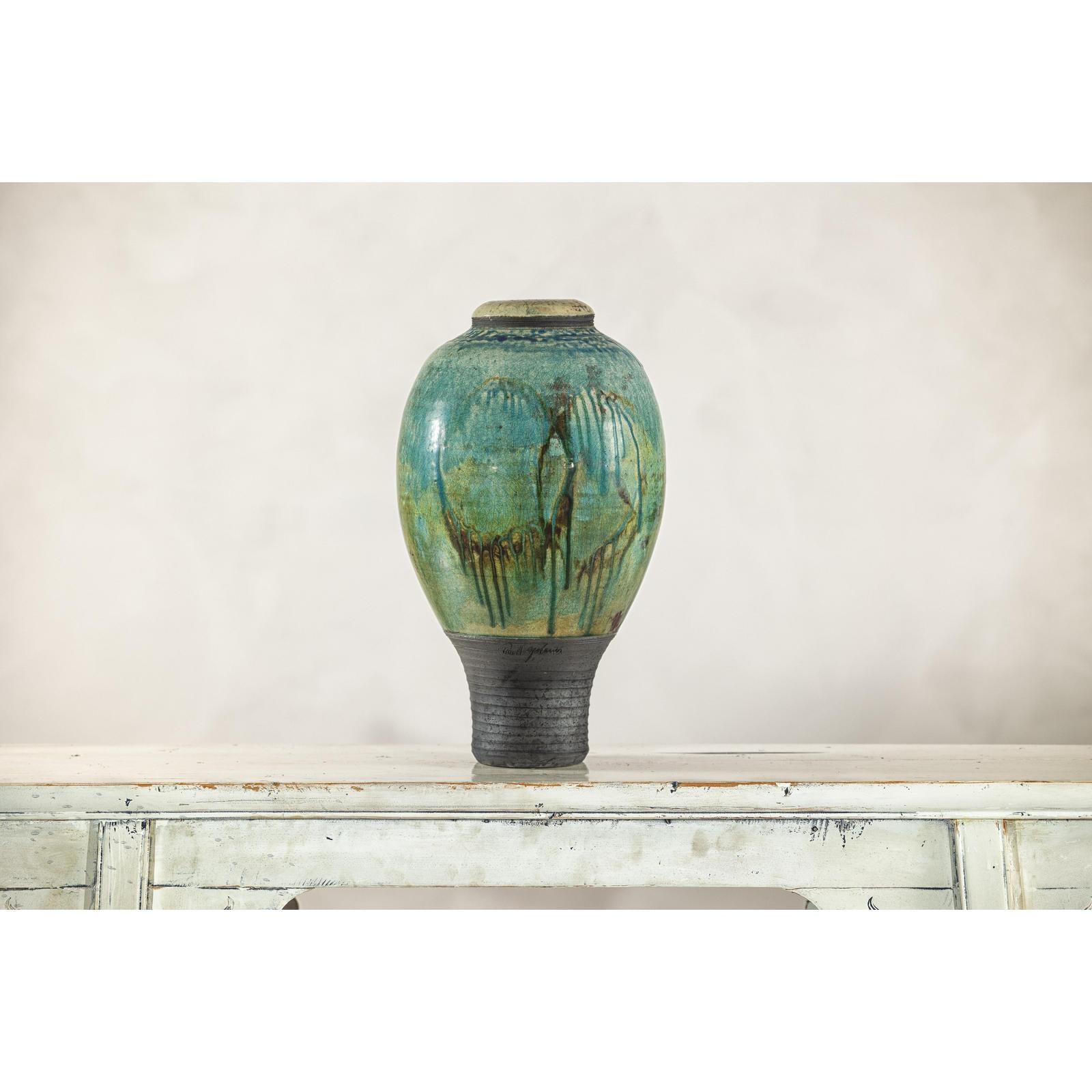 Greenish-Brown Studio Vase with Rounded Belly and Tapered Base, Signed