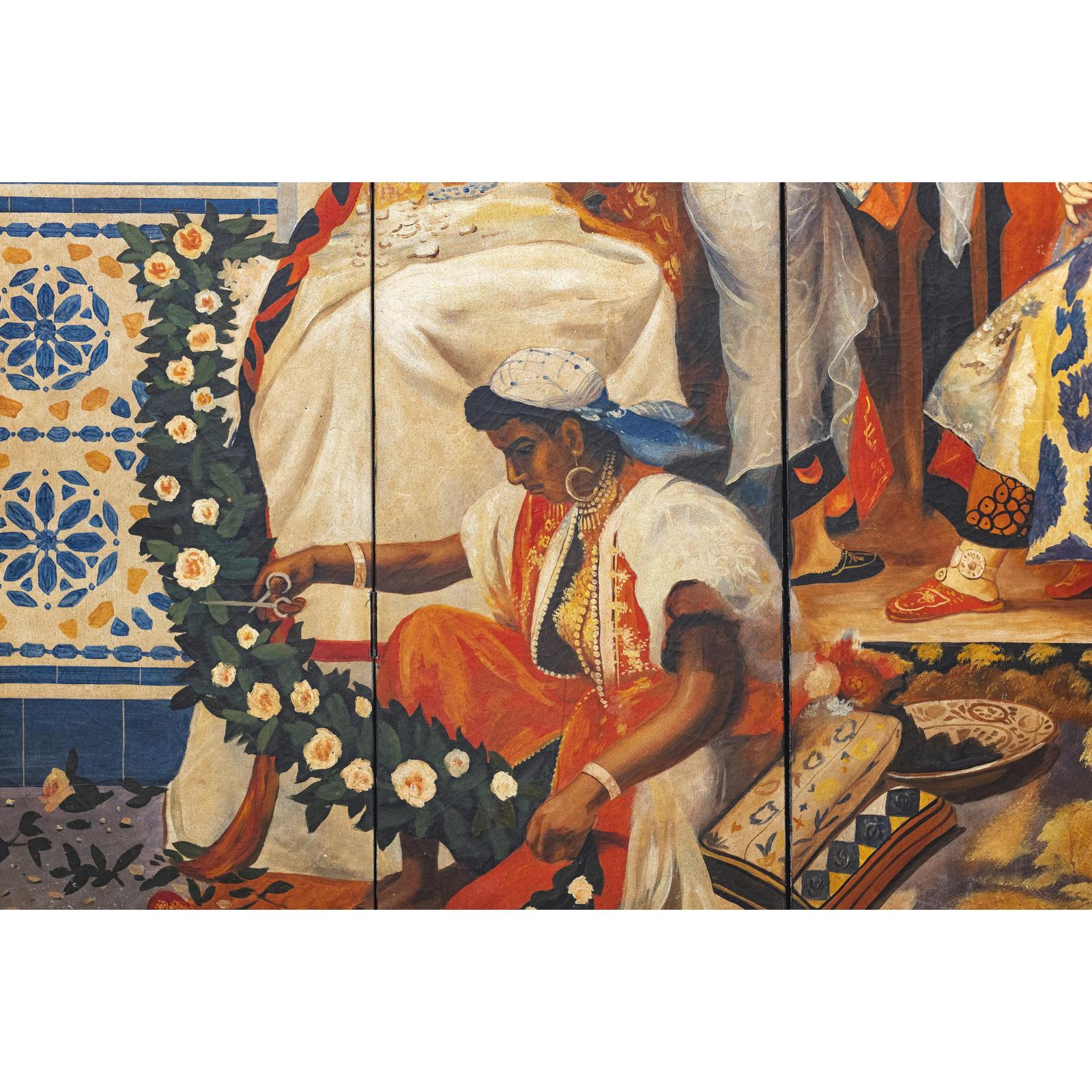 Four-Panel Orientalist Screen Depicting Lavish Interior