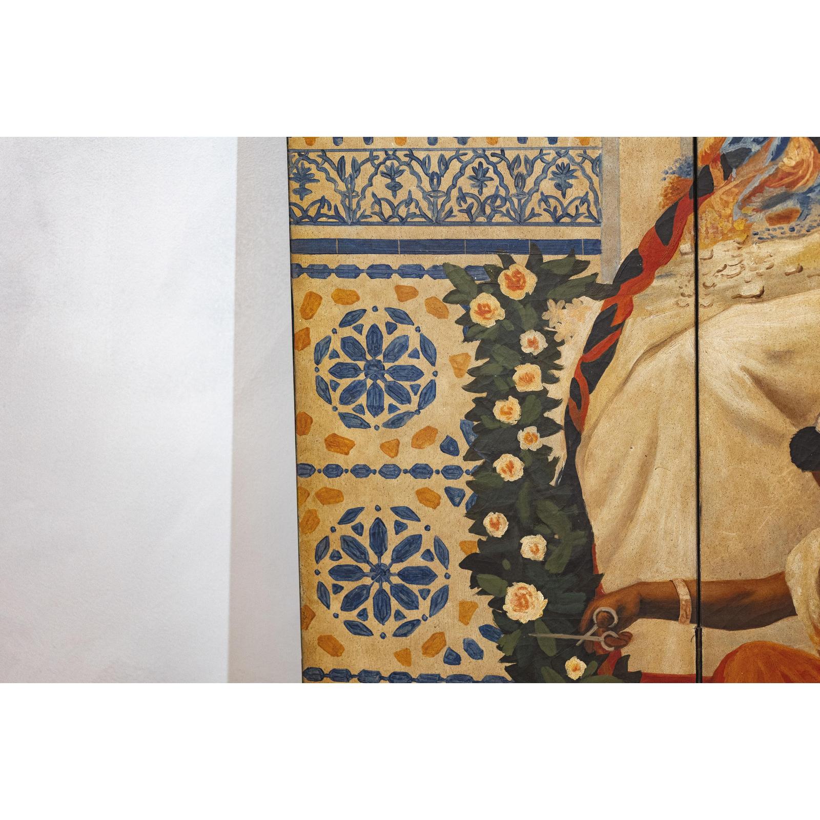 Four-Panel Orientalist Screen Depicting Lavish Interior