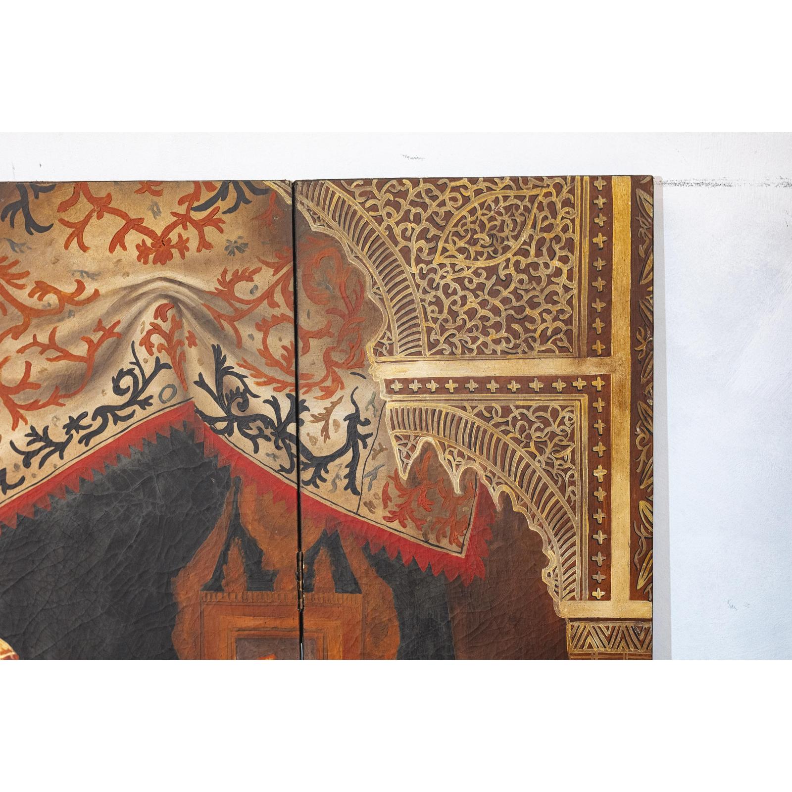 Four-Panel Orientalist Screen Depicting Lavish Interior