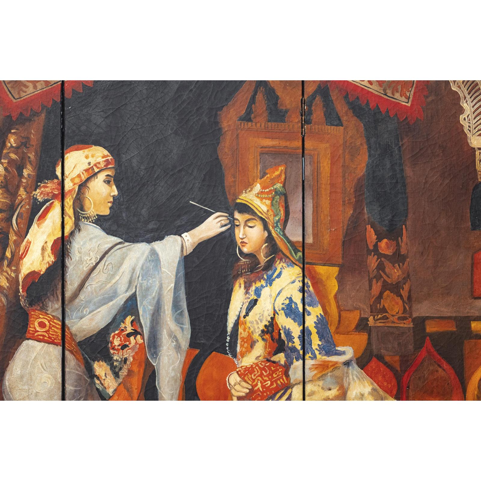 Four-Panel Orientalist Screen Depicting Lavish Interior