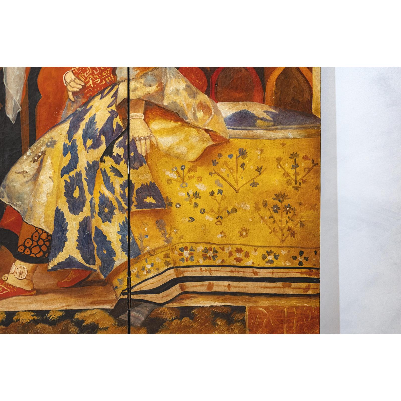 Four-Panel Orientalist Screen Depicting Lavish Interior