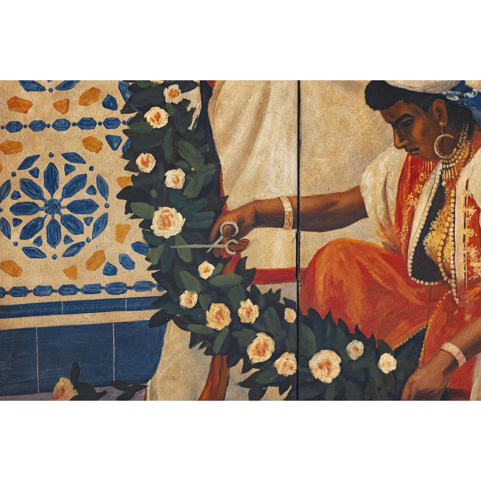 Four-Panel Orientalist Screen Depicting Lavish Interior