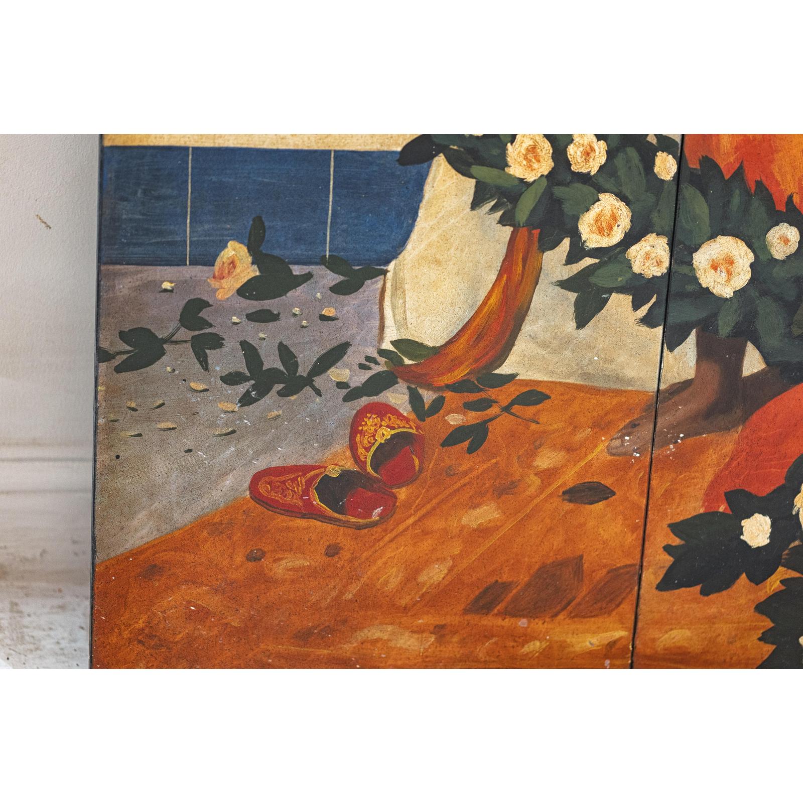 Four-Panel Orientalist Screen Depicting Lavish Interior