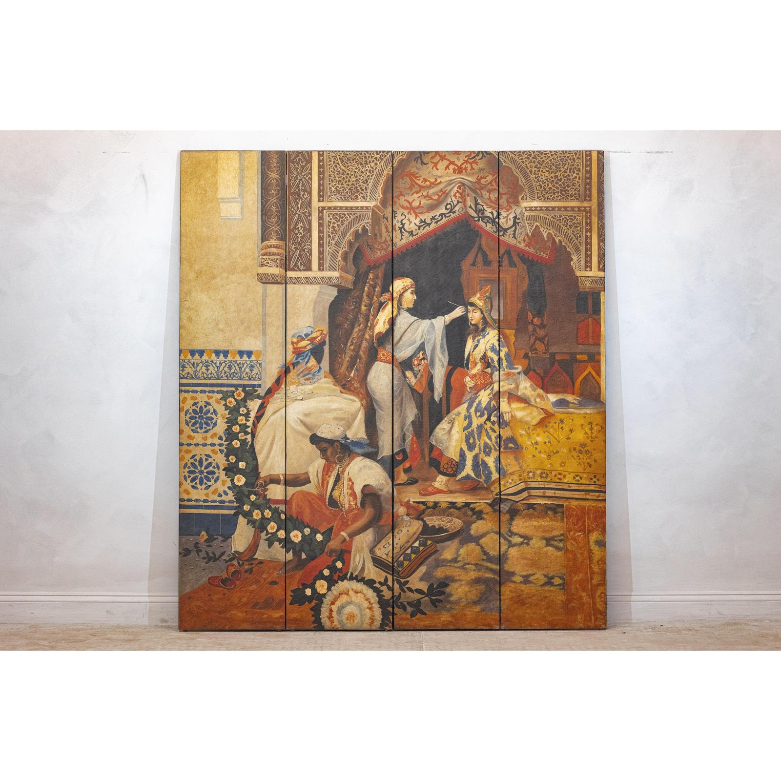 Four-Panel Orientalist Screen Depicting Lavish Interior