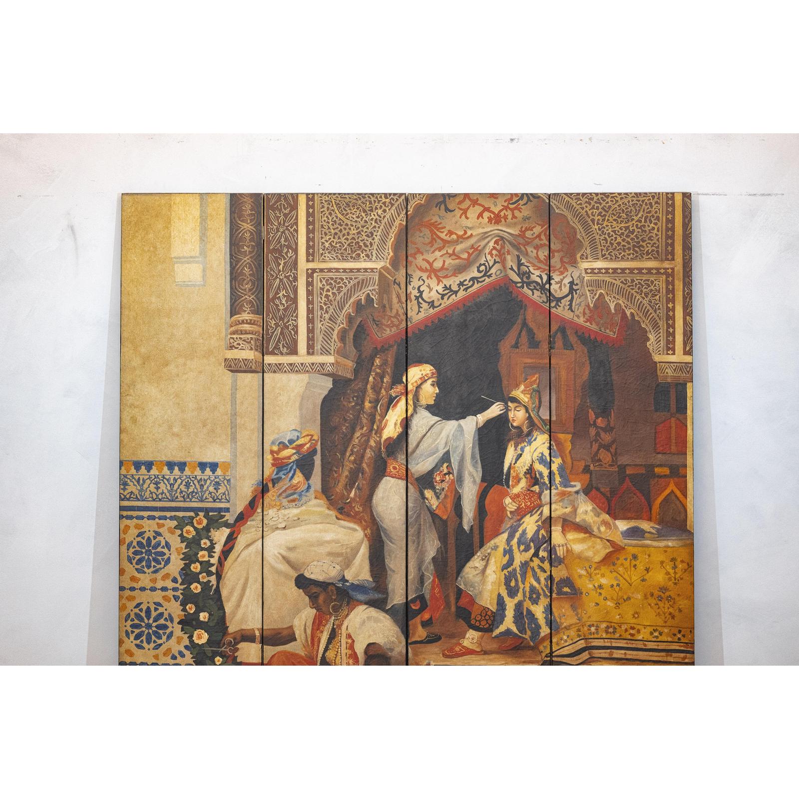 Four-Panel Orientalist Screen Depicting Lavish Interior