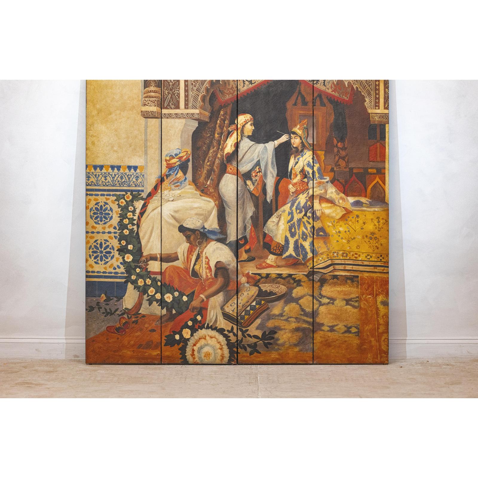 Four-Panel Orientalist Screen Depicting Lavish Interior