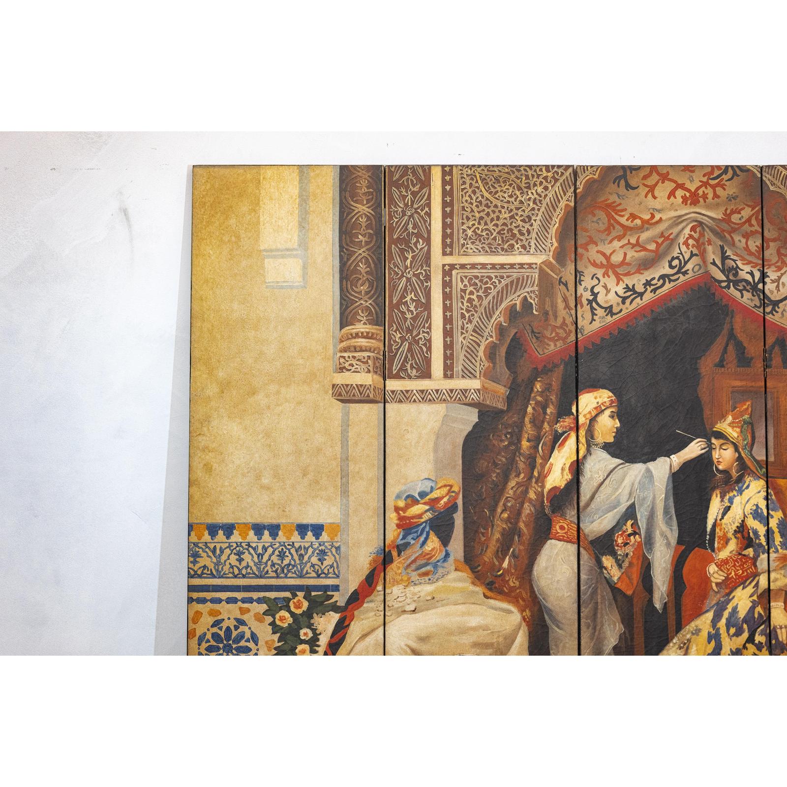 Four-Panel Orientalist Screen Depicting Lavish Interior
