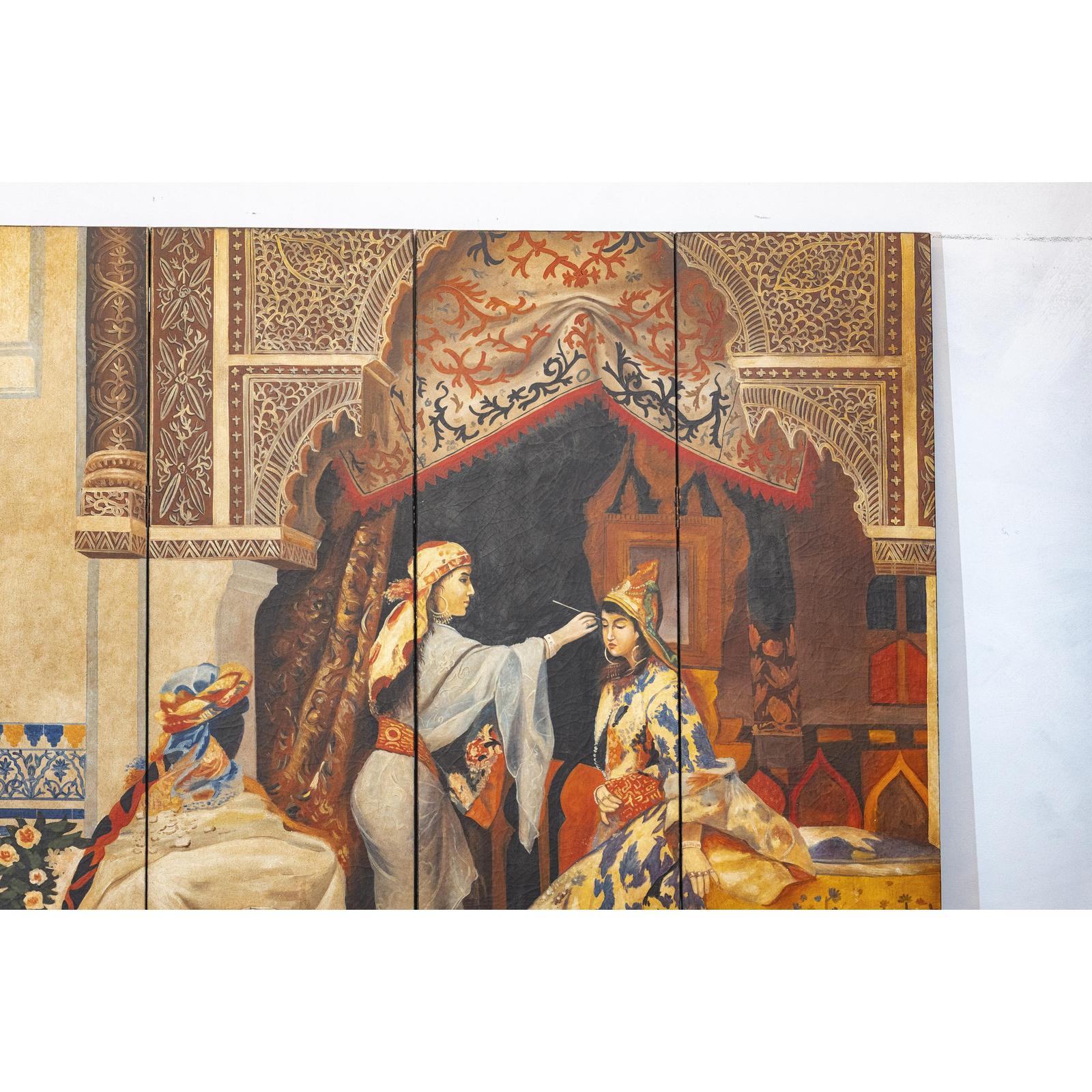 Four-Panel Orientalist Screen Depicting Lavish Interior