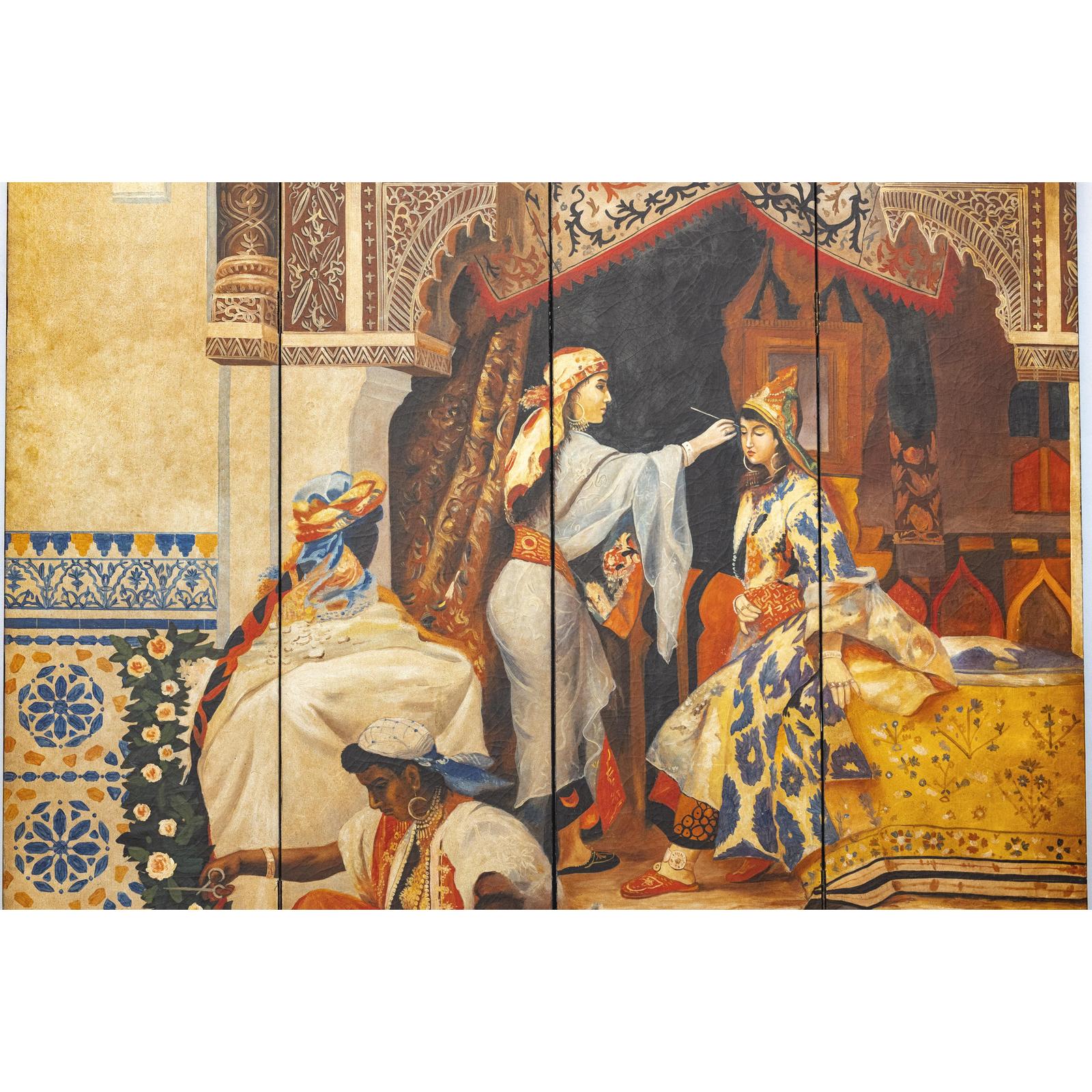 Four-Panel Orientalist Screen Depicting Lavish Interior