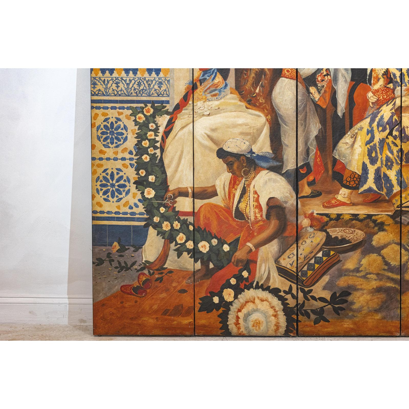 Four-Panel Orientalist Screen Depicting Lavish Interior