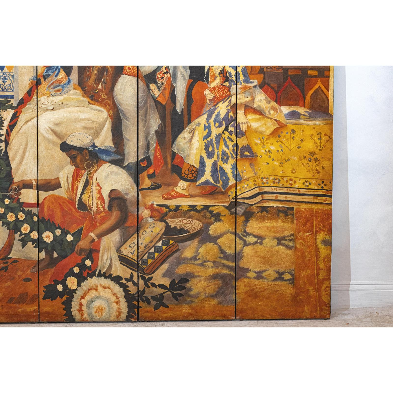 Four-Panel Orientalist Screen Depicting Lavish Interior