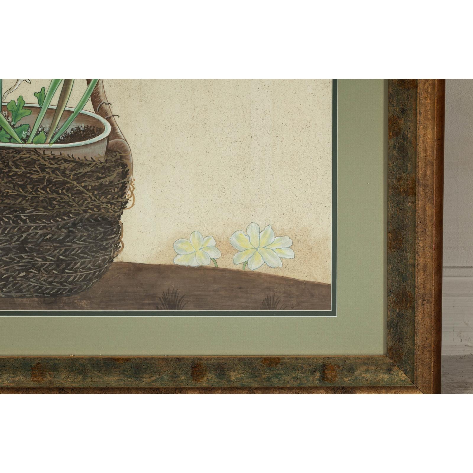 Framed Midcentury Botanical Print with Gold Leaf and Green Matte