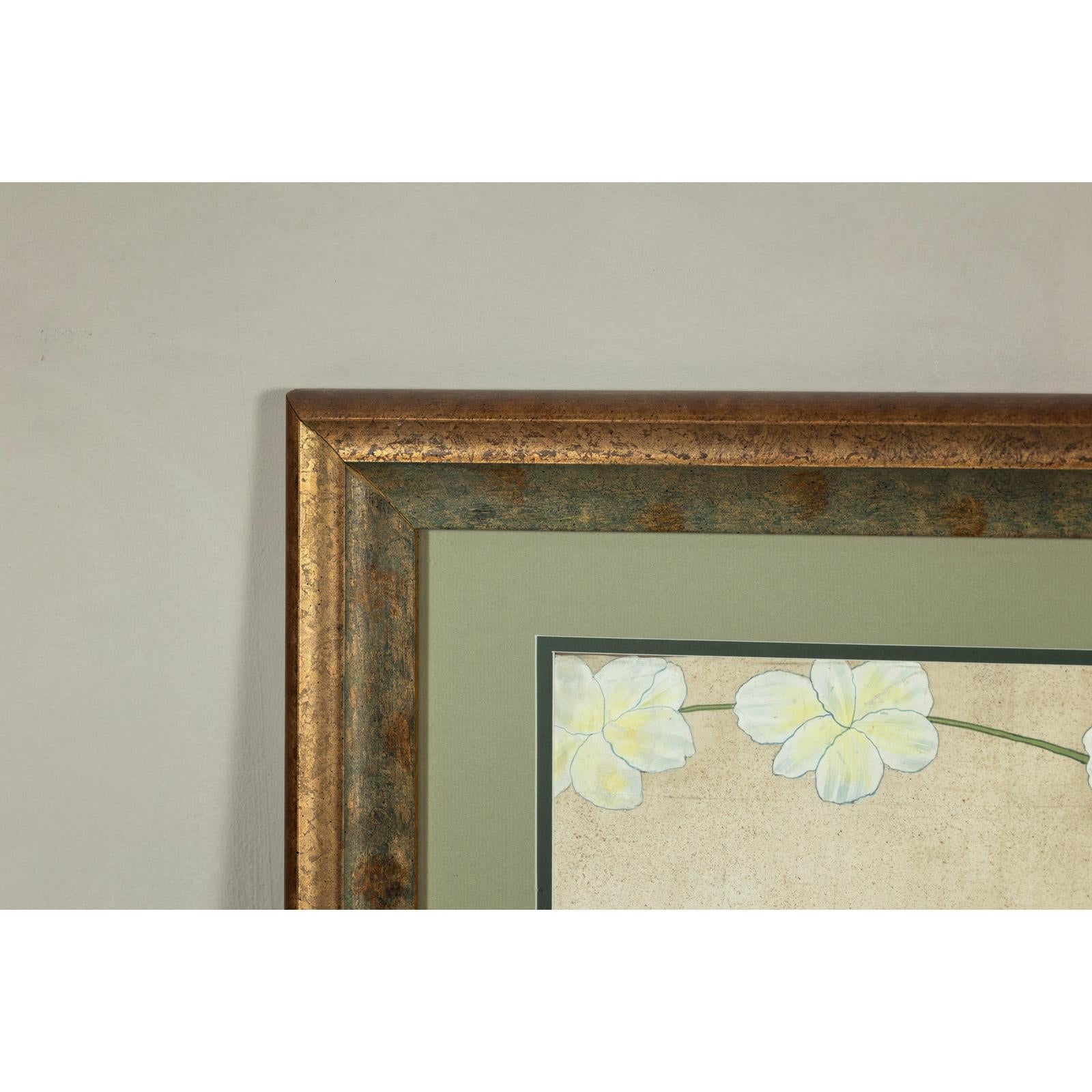 Framed Midcentury Botanical Print with Gold Leaf and Green Matte