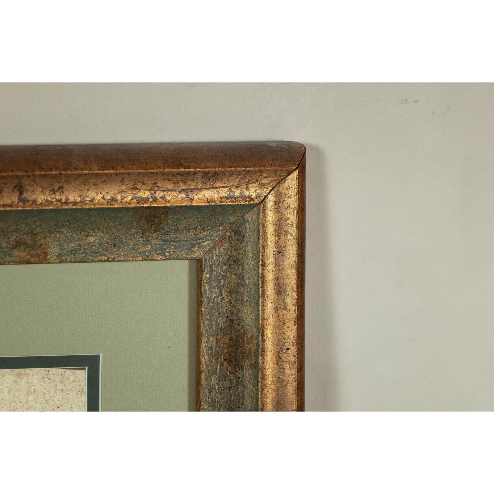 Framed Midcentury Botanical Print with Gold Leaf and Green Matte