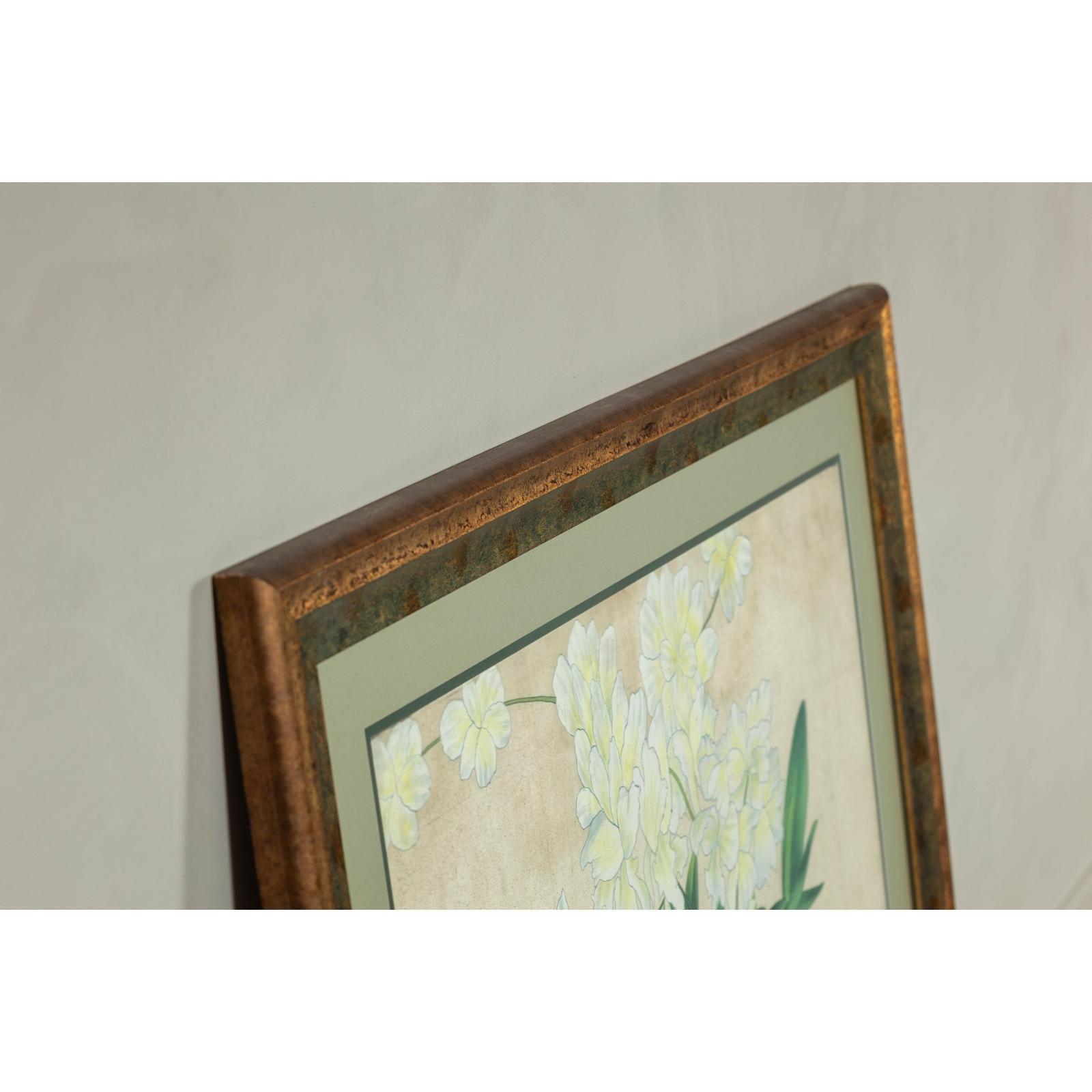 Framed Midcentury Botanical Print with Gold Leaf and Green Matte