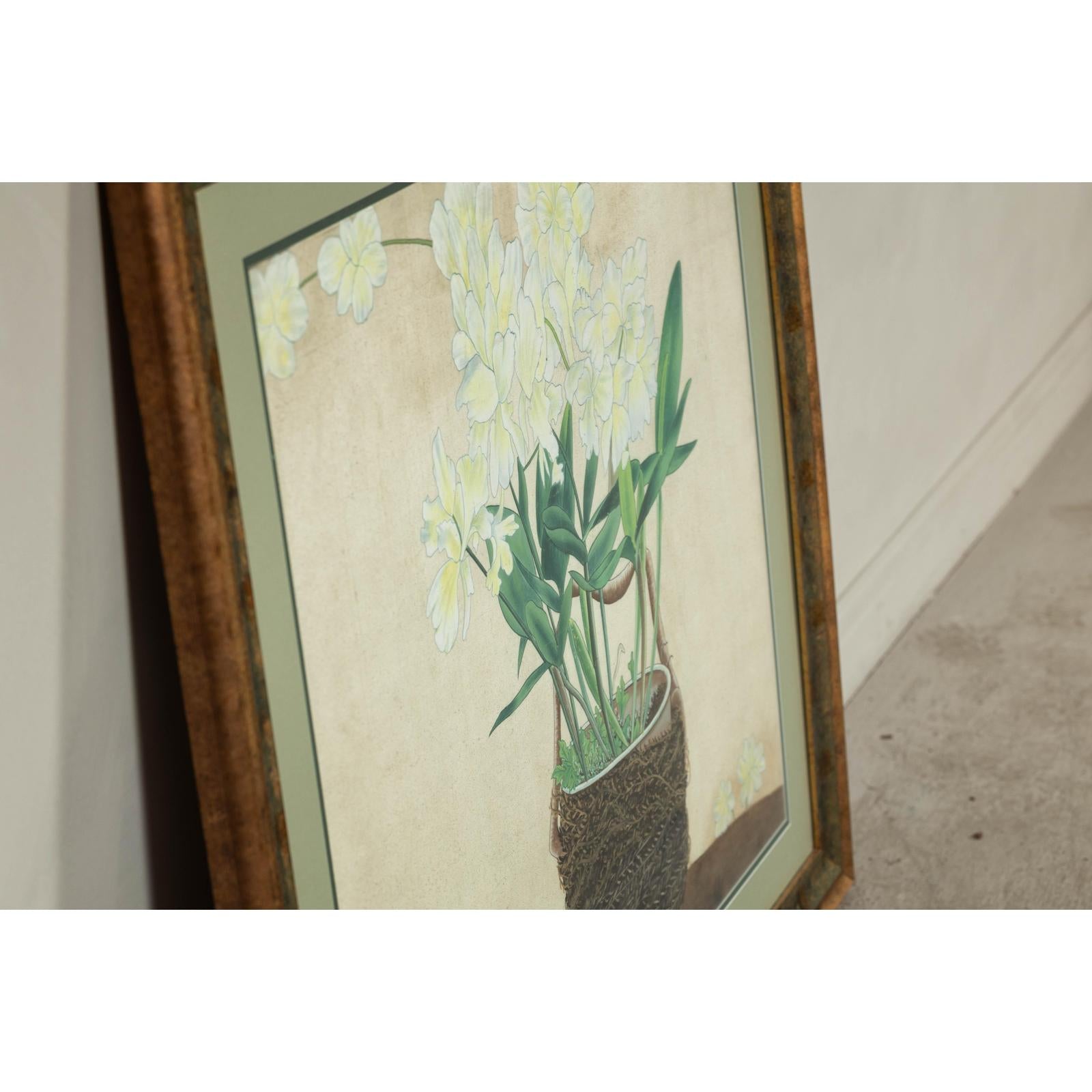 Framed Midcentury Botanical Print with Gold Leaf and Green Matte
