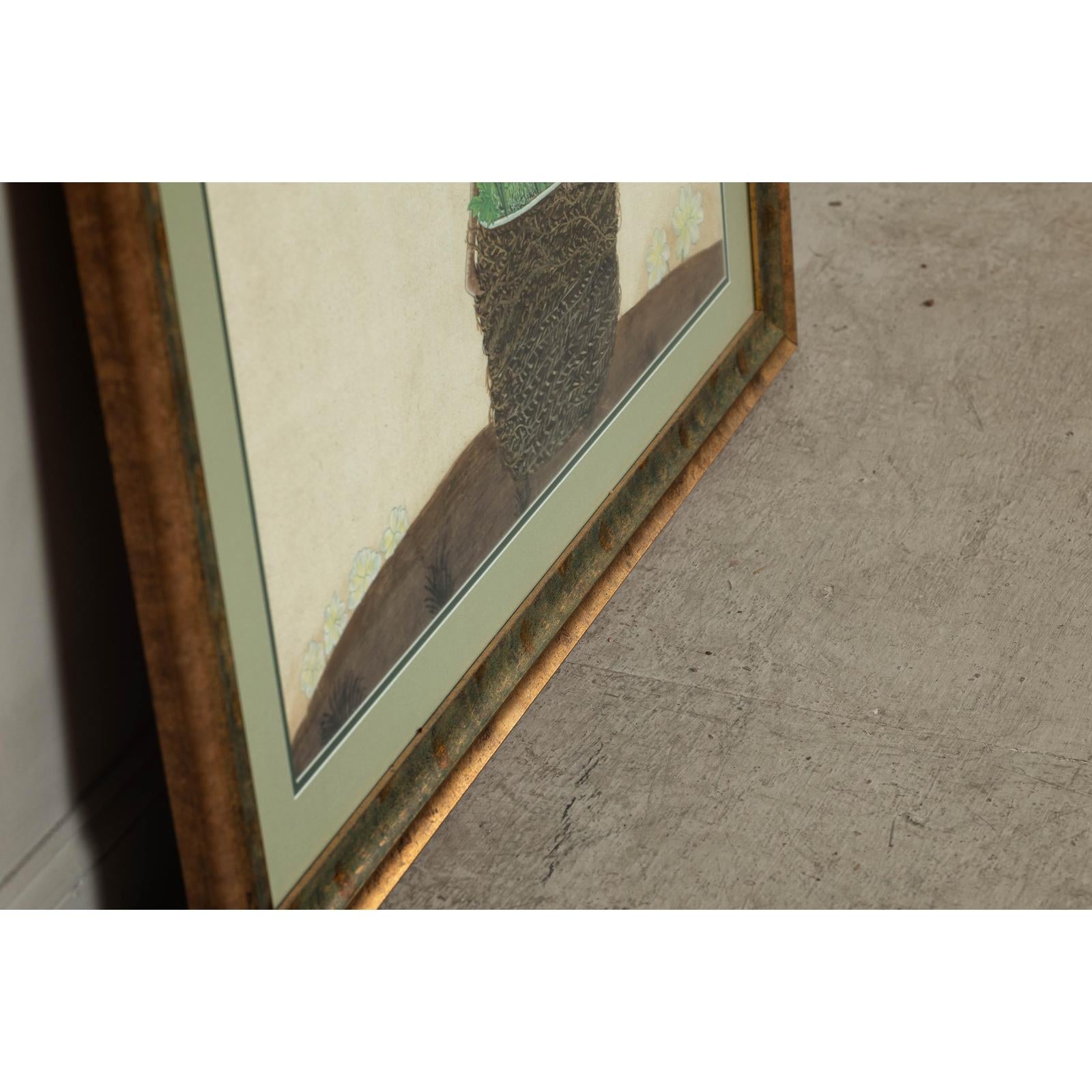 Framed Midcentury Botanical Print with Gold Leaf and Green Matte