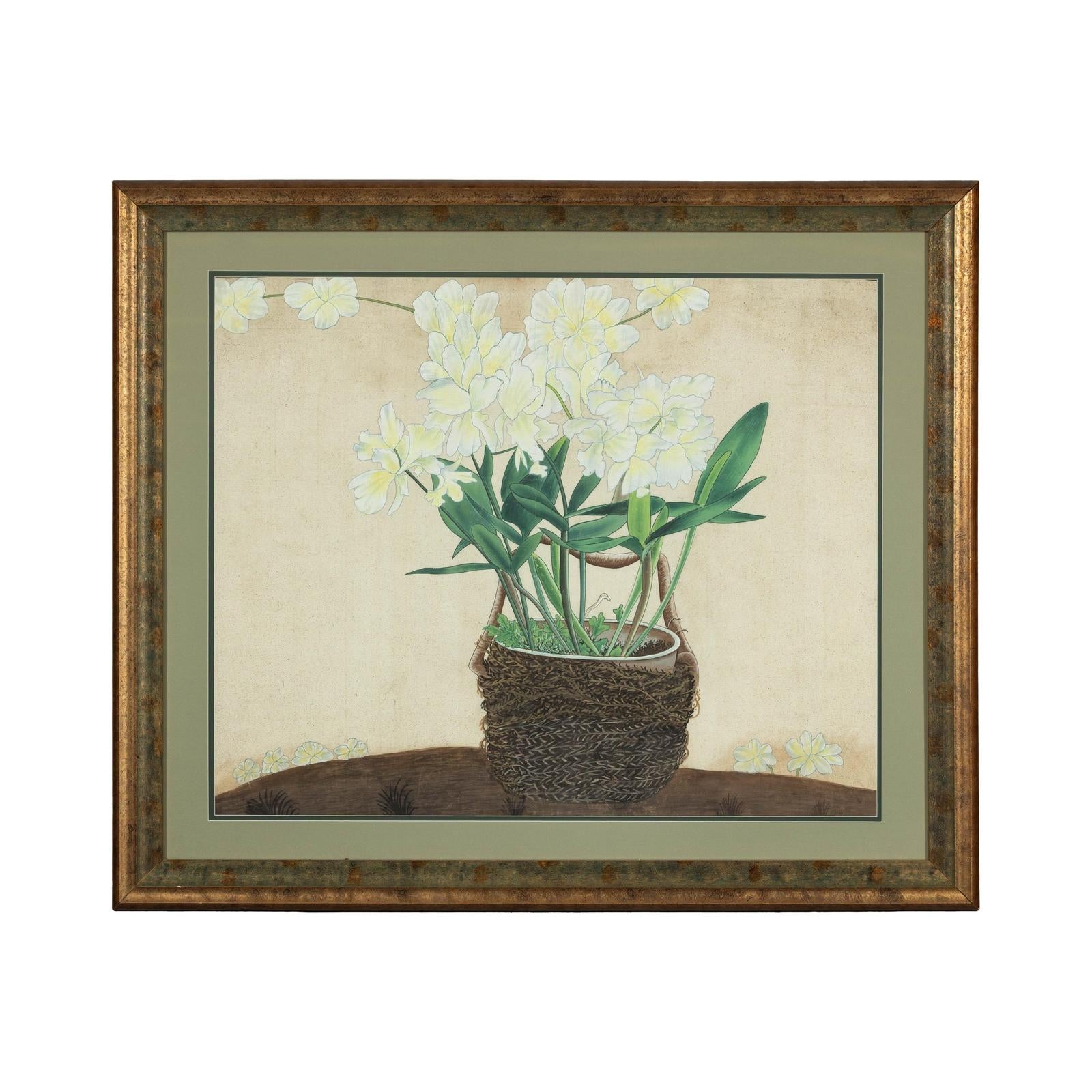 Framed Midcentury Botanical Print with Gold Leaf and Green Matte