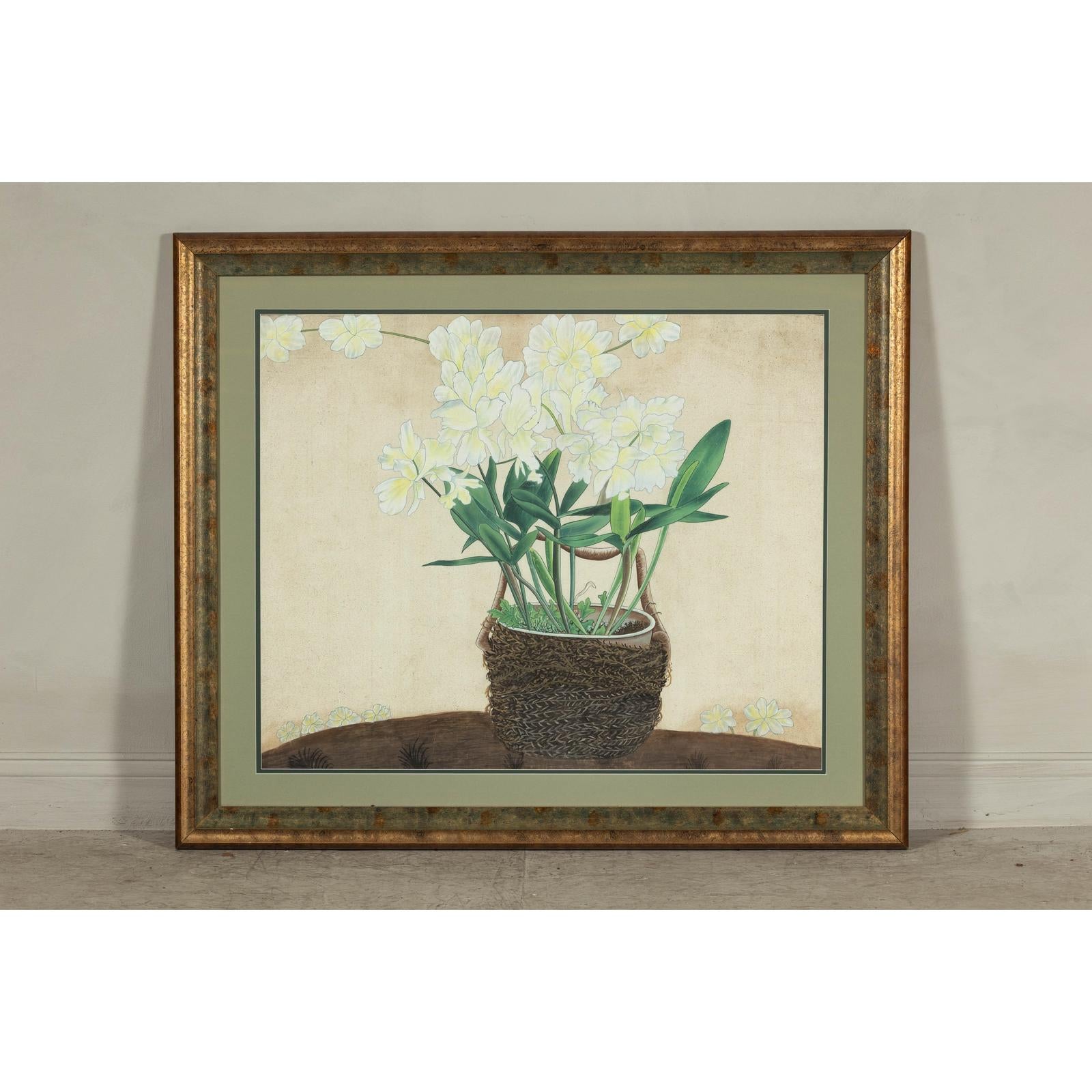 Framed Midcentury Botanical Print with Gold Leaf and Green Matte