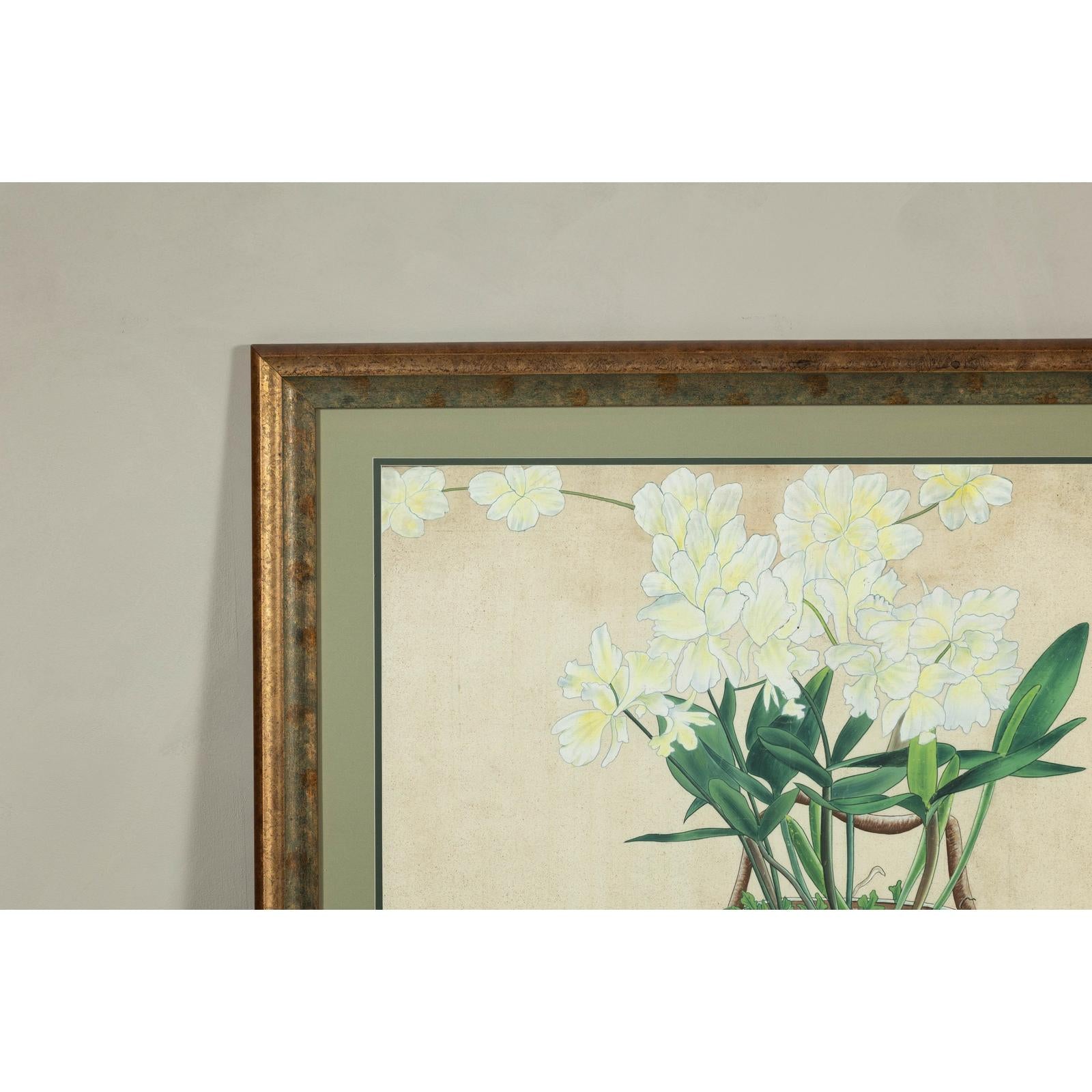 Framed Midcentury Botanical Print with Gold Leaf and Green Matte