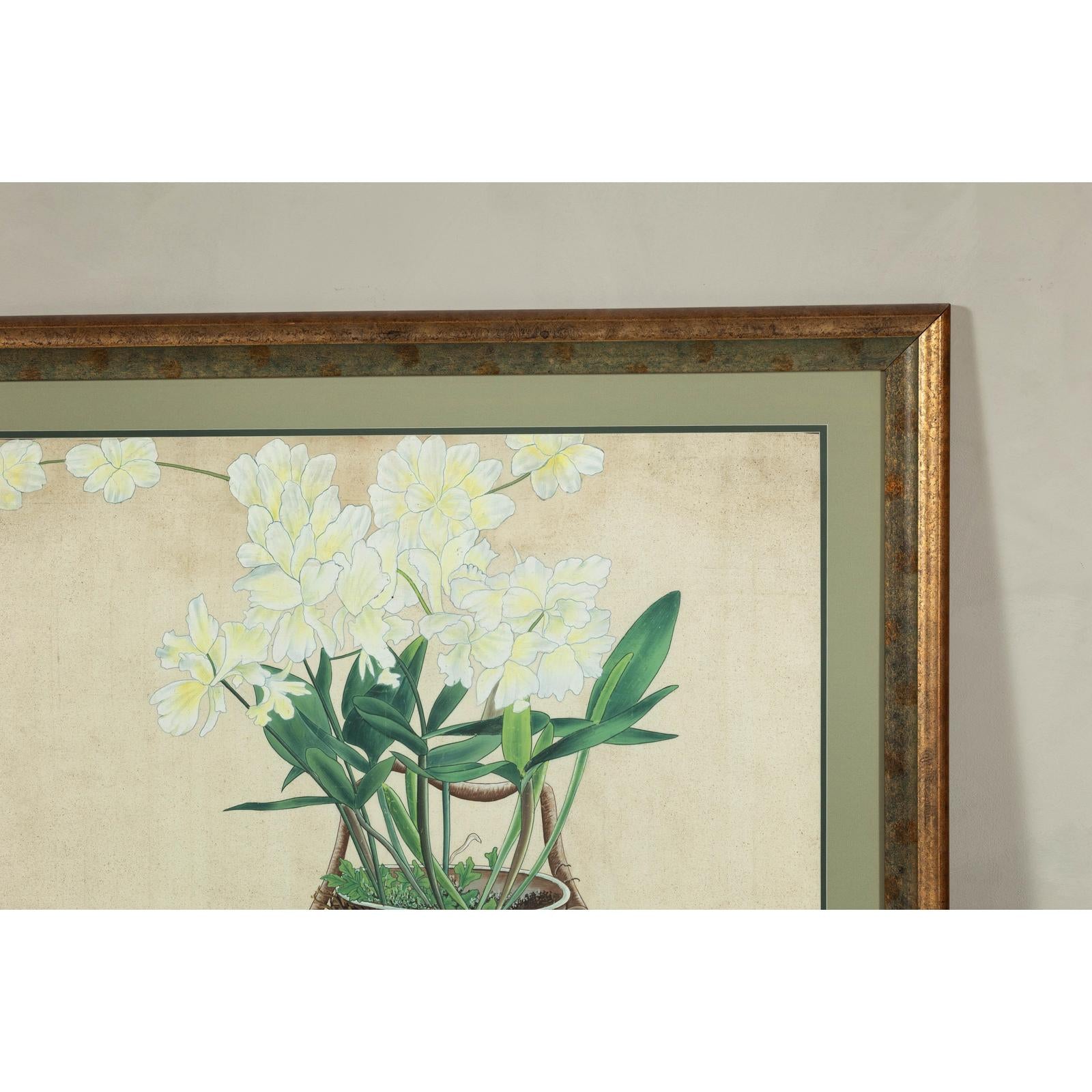 Framed Midcentury Botanical Print with Gold Leaf and Green Matte