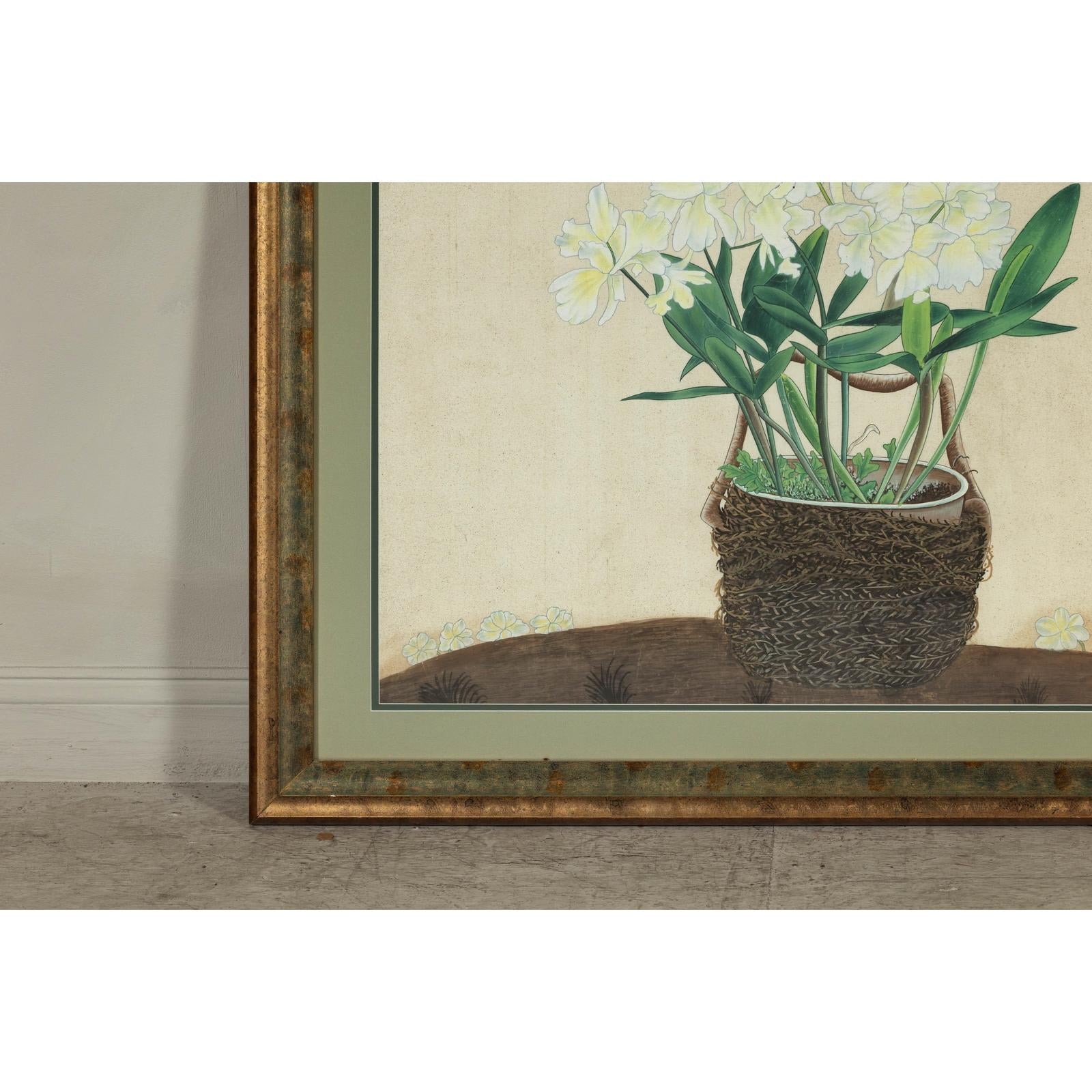Framed Midcentury Botanical Print with Gold Leaf and Green Matte