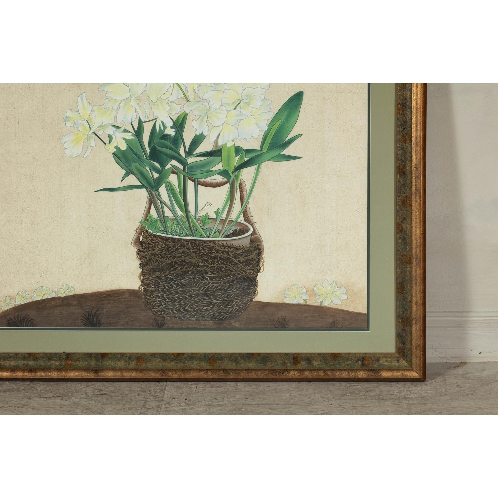 Framed Midcentury Botanical Print with Gold Leaf and Green Matte